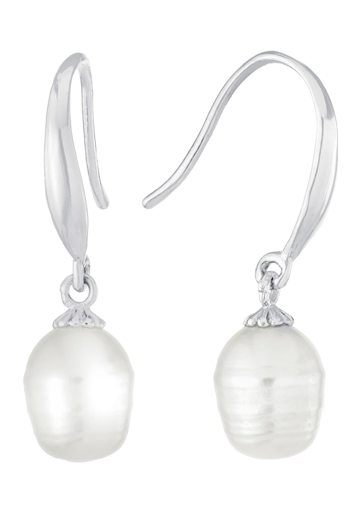Sterling Silver 7.5mm Freshwater Pearl Fish Hook Drop Earrings