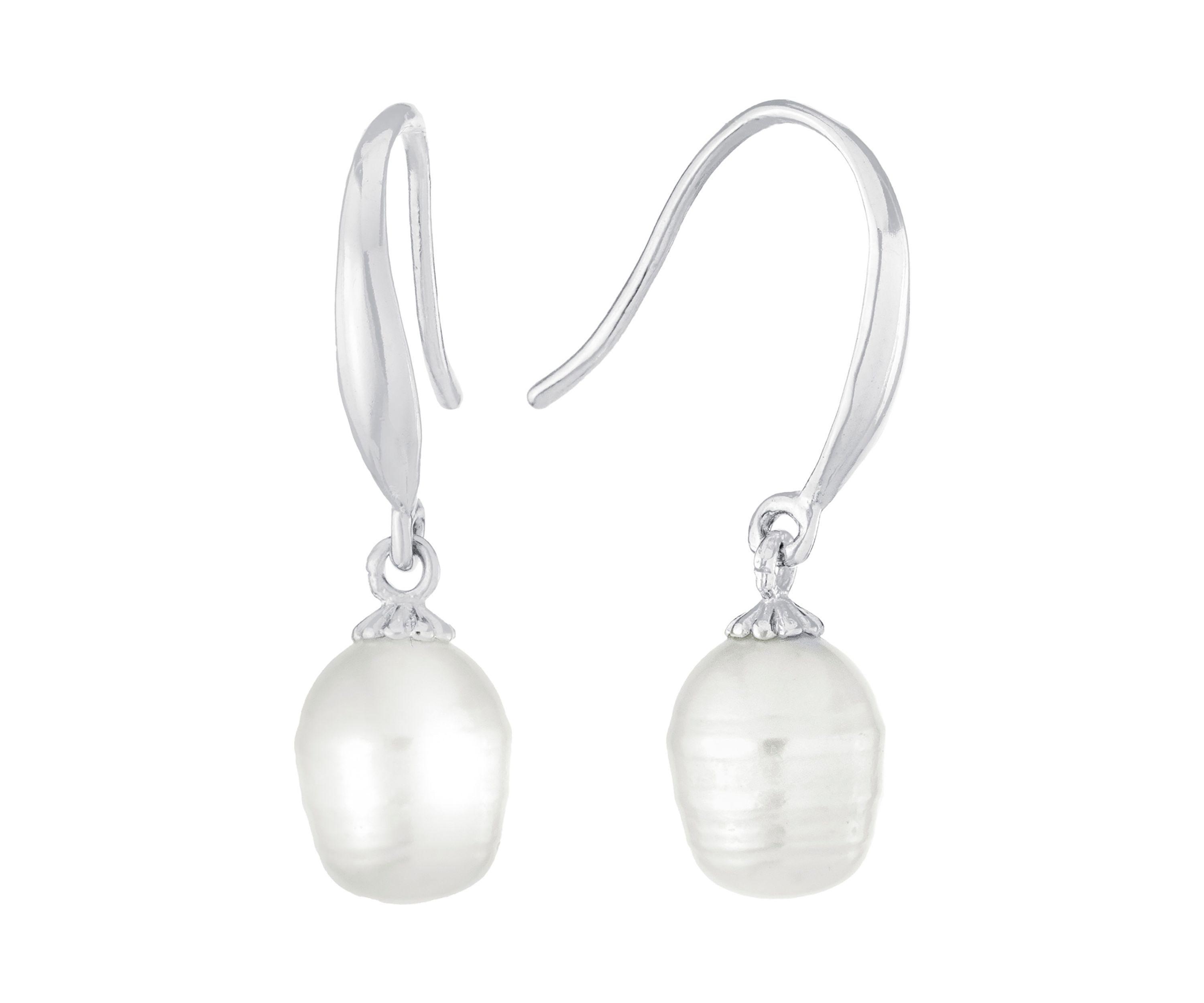 Sterling Silver 7.5mm Freshwater Pearl Fish Hook Drop Earrings