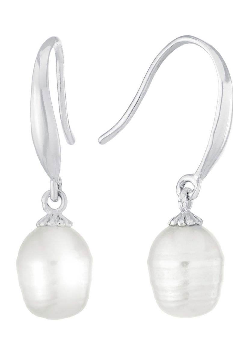 Sterling Silver 7.5mm Freshwater Pearl Fish Hook Drop Earrings