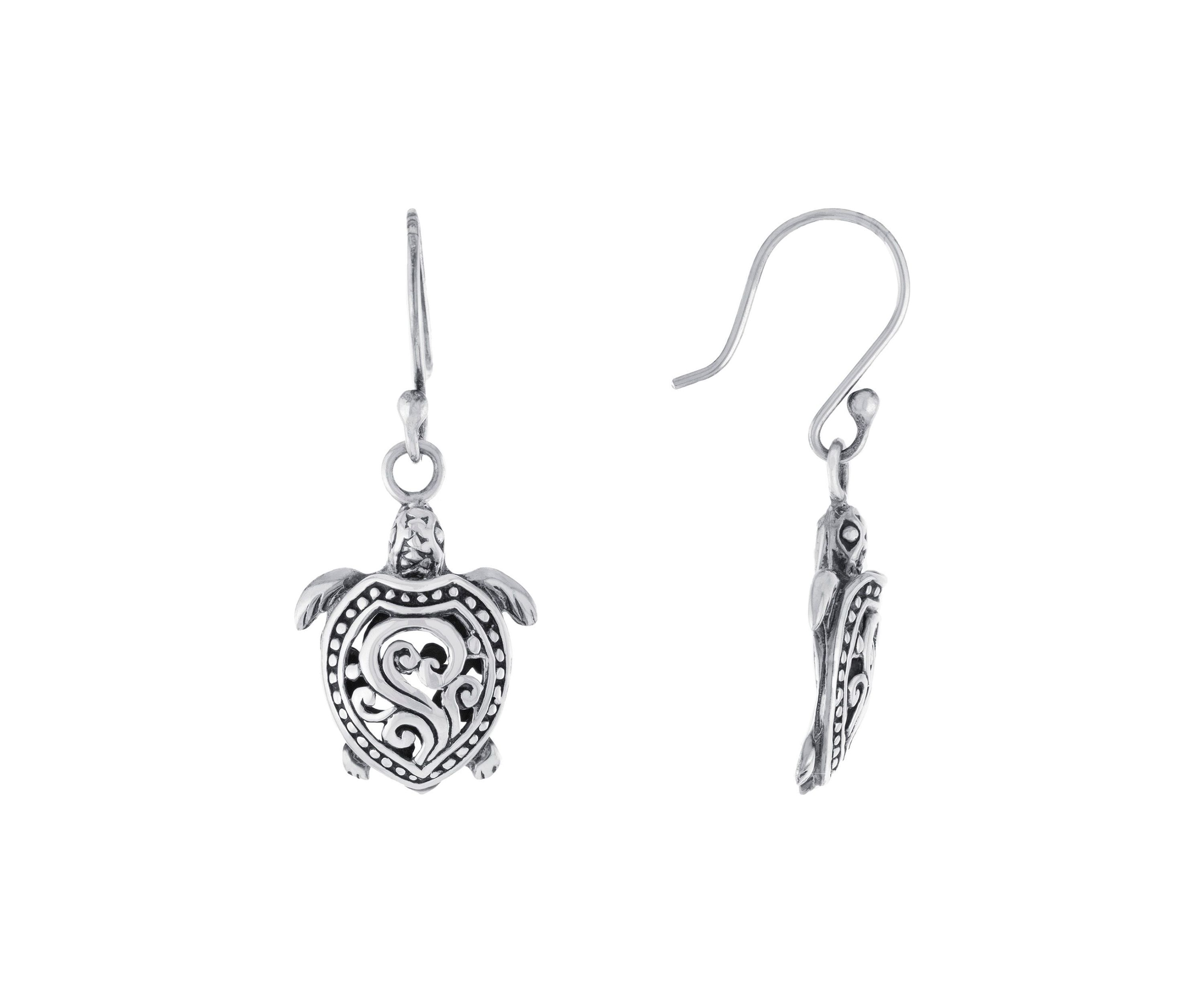 Sterling Silver Oxidized Filigree Turtle Drop Earrings
