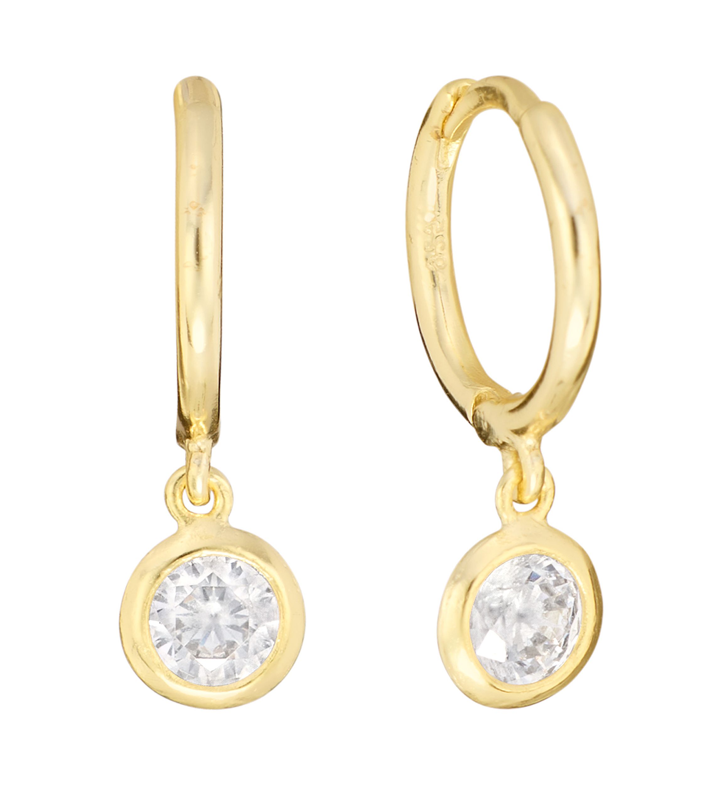 Gold Over Sterling Silver 12mm Cubic Zirconia Bezel Drop Charm Hoop Earrings