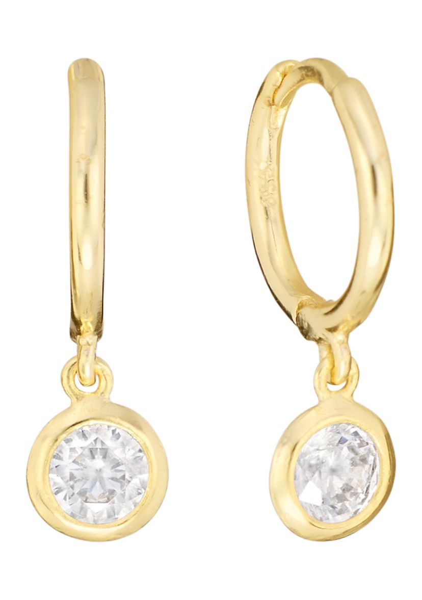 Gold Over Sterling Silver 12mm Cubic Zirconia Bezel Drop Charm Hoop Earrings