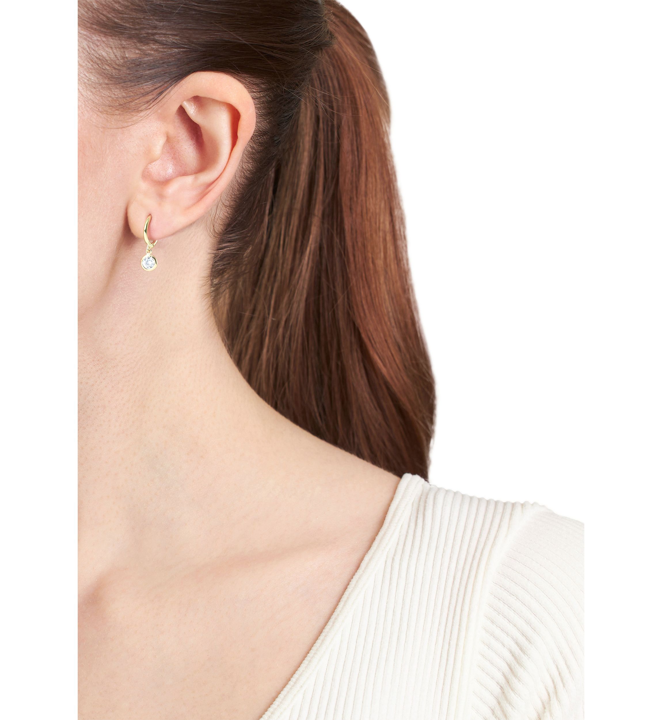 Gold Over Sterling Silver 12mm Cubic Zirconia Bezel Drop Charm Hoop Earrings