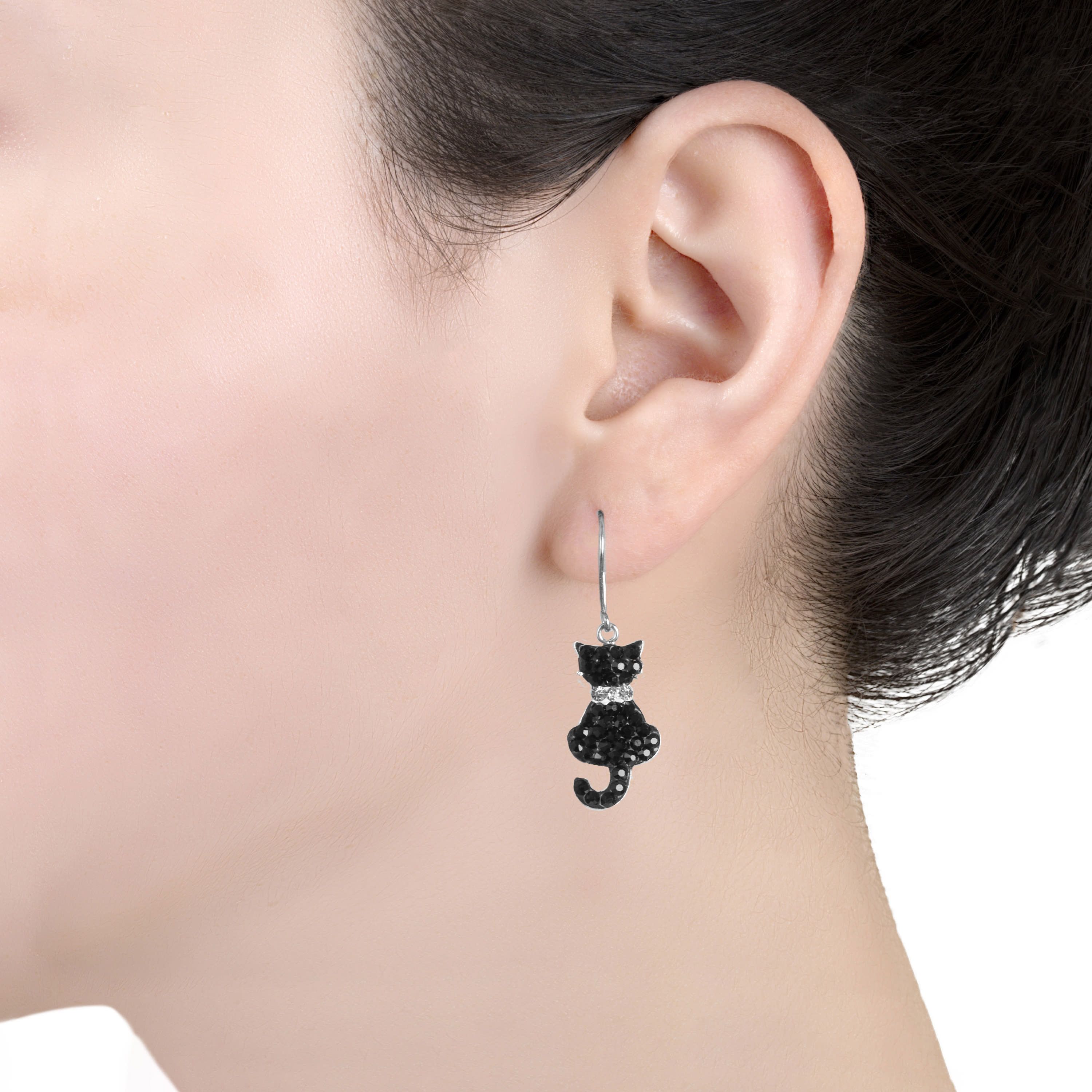 Sterling Silver Black Crystal Pave Cats Drop Earrings