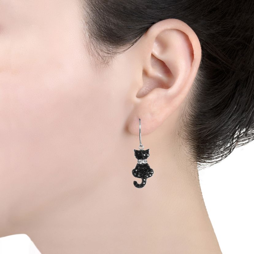 Sterling Silver Black Crystal Pave Cats Drop Earrings