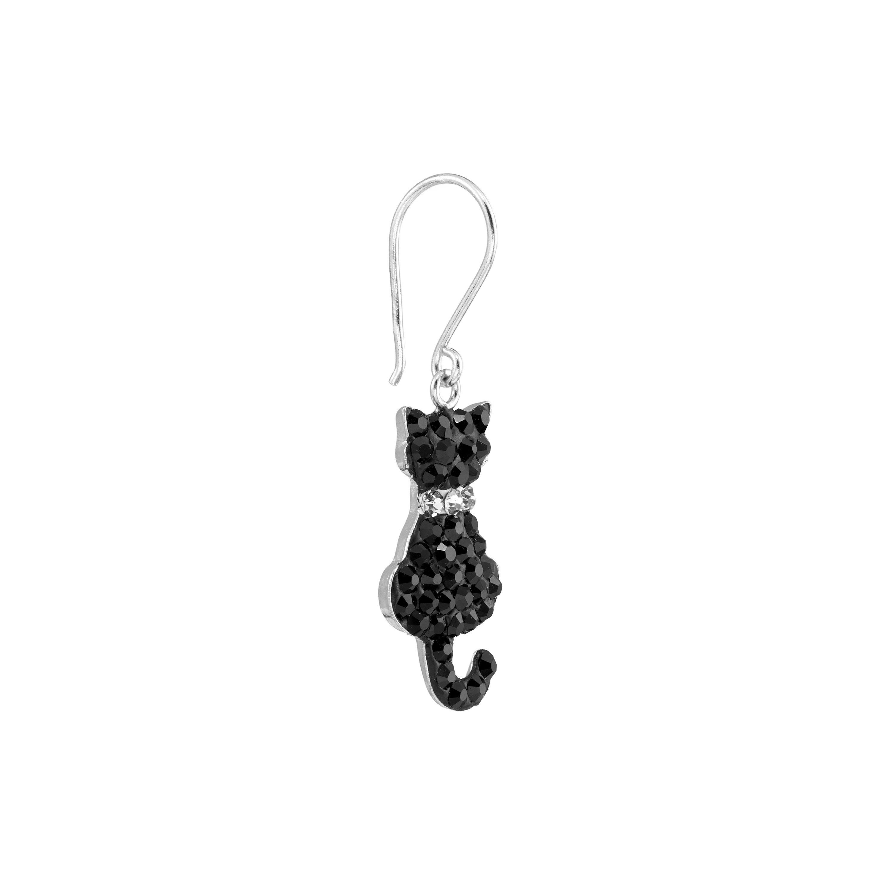 Sterling Silver Black Crystal Pave Cats Drop Earrings