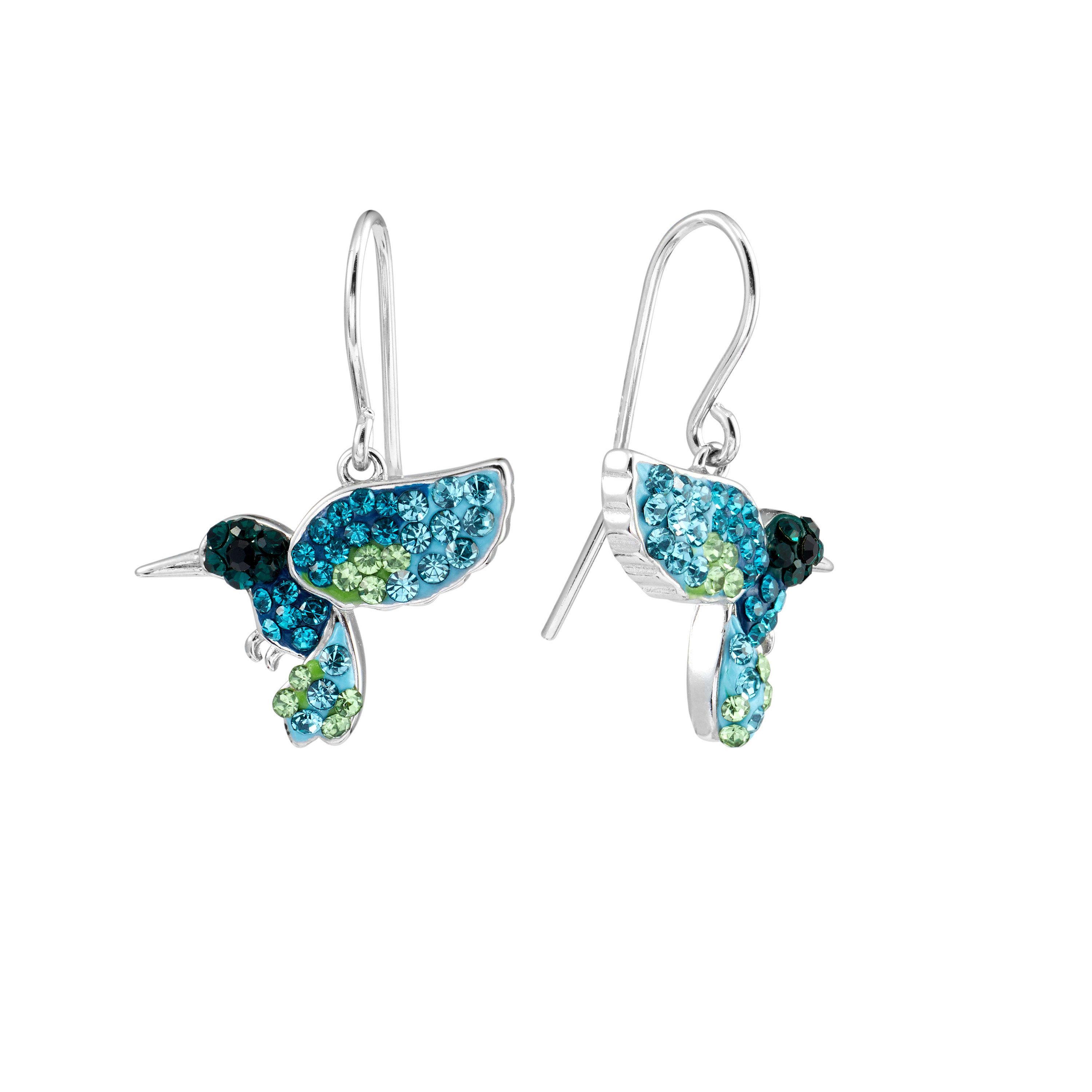 Sterling Silver Crystal Pave Hummingbird Drop Earrings
