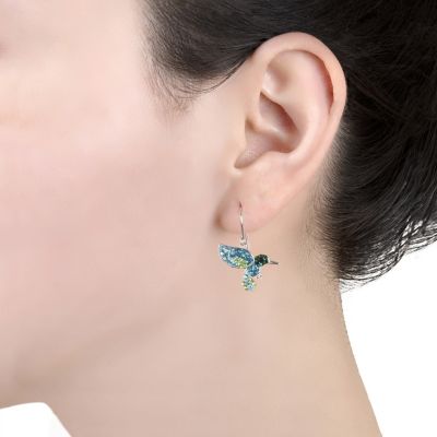 Sterling Silver Crystal Pave Hummingbird Drop Earrings