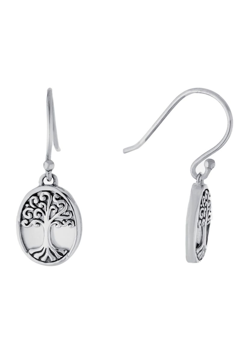 Sterling Silver Mother of Pearl Tree of Life Oval Drop Earrings