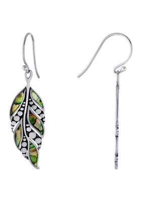 Sterling Silver Oxidized Abalone Feather Drop Earrings