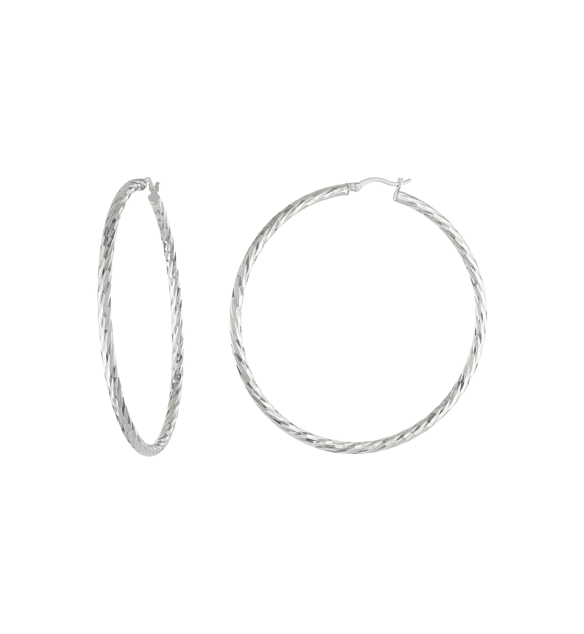 Sterling Silver 2.6 Inch Diamond Cut Click-Top Hoop Earrings
