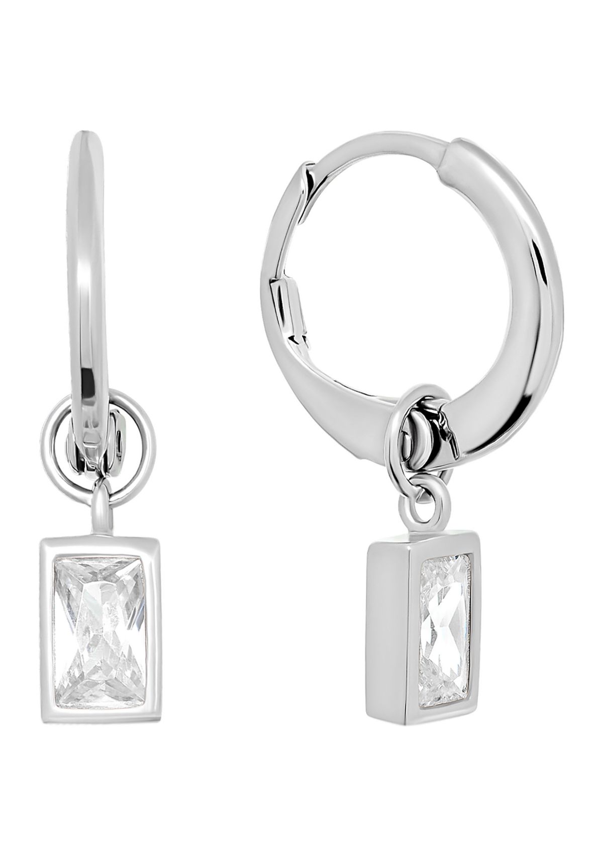Sterling Silver Rectangle Cubic zirconia Huggie Earrings