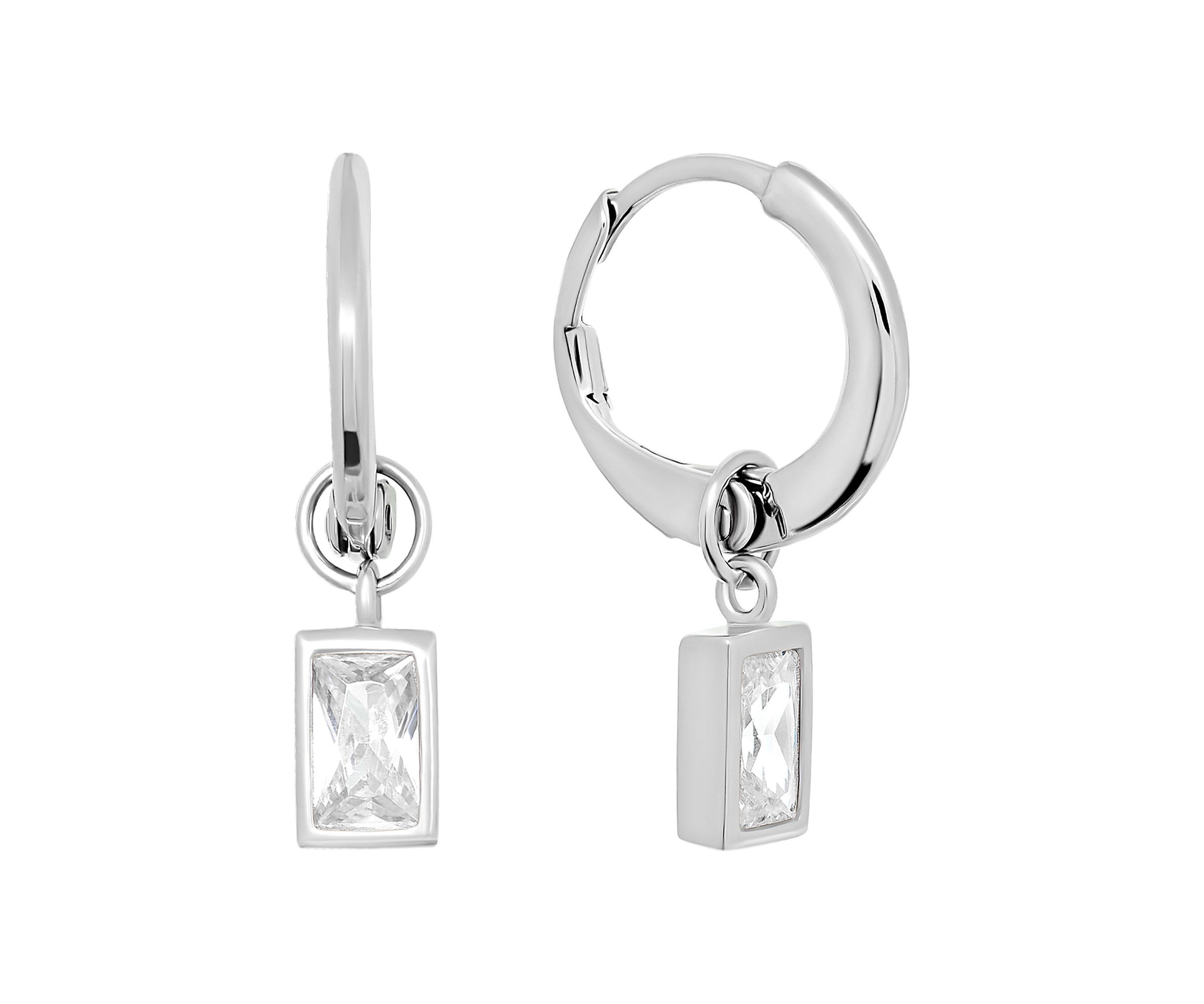 Sterling Silver Rectangle Cubic zirconia Huggie Earrings