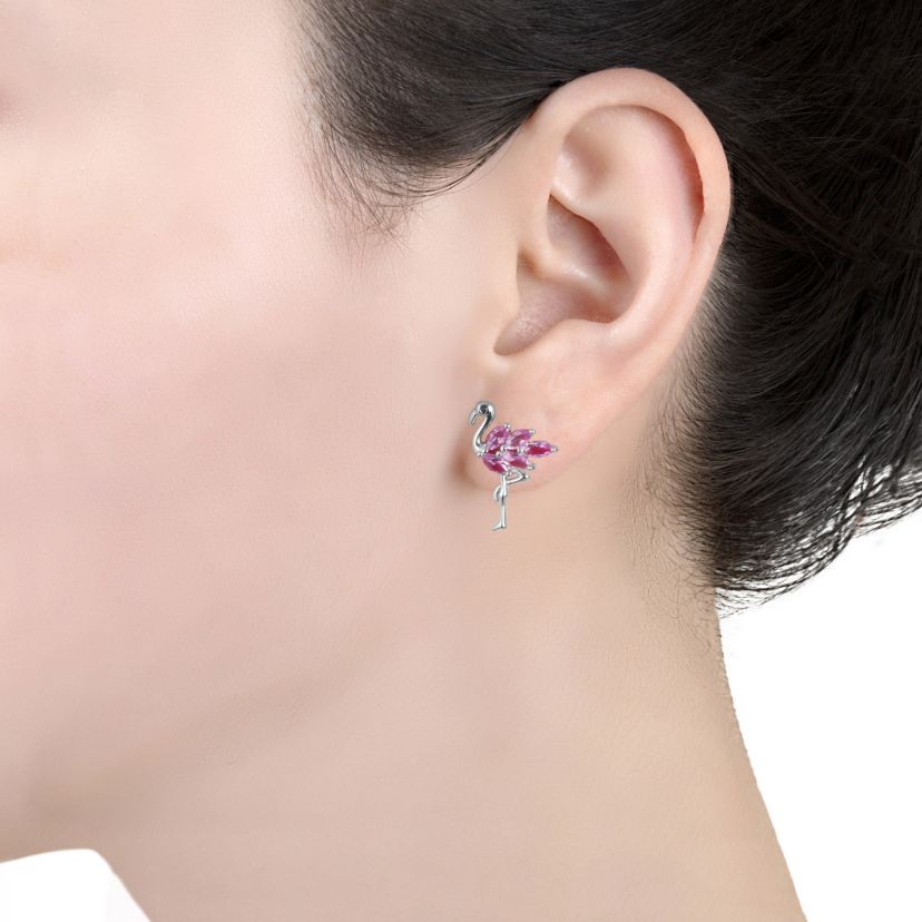 Sterling Silver Dark Pink Flamingo with Cubic Zirconia Stud Earrings