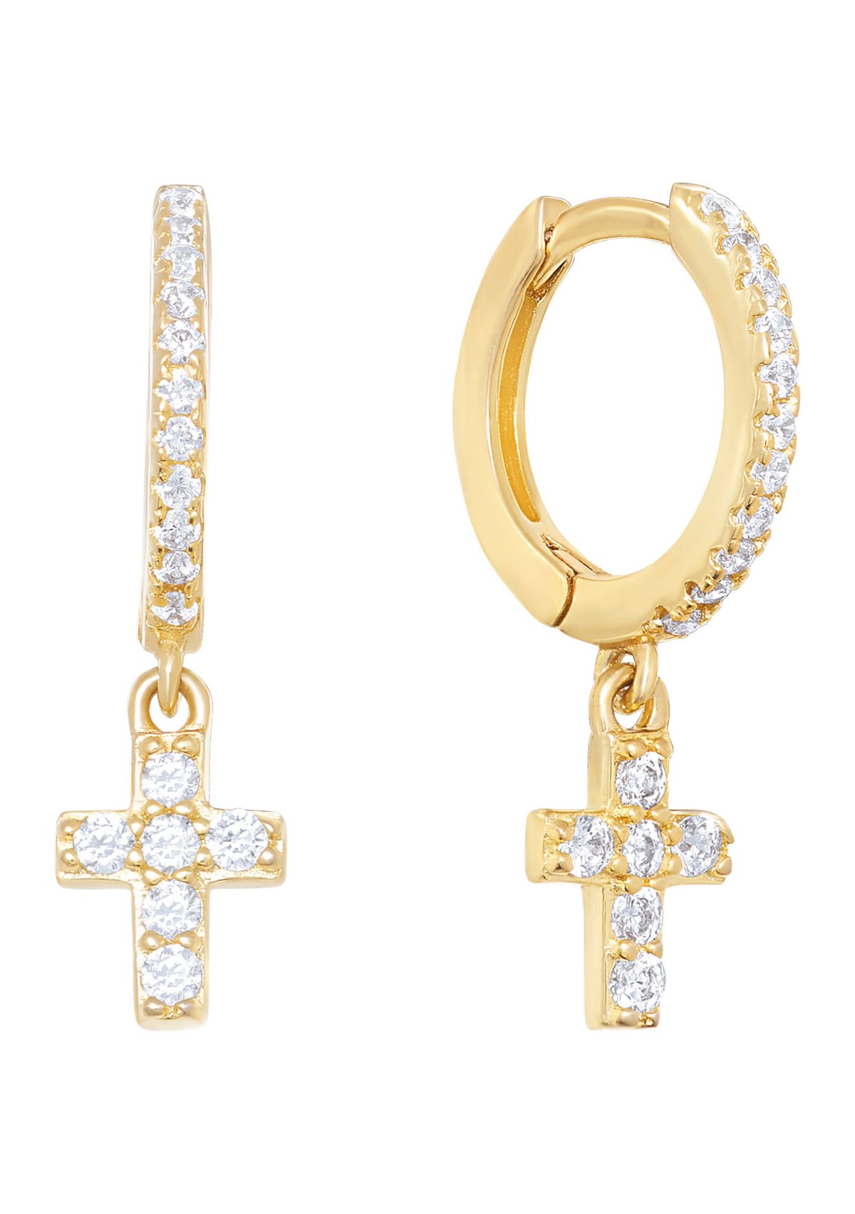 Sterling Silver Cubic Zirconia Cross Dangle Huggie Earrings