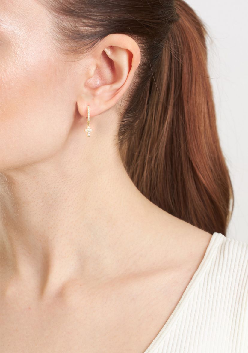 Sterling Silver Cubic Zirconia Cross Dangle Huggie Earrings