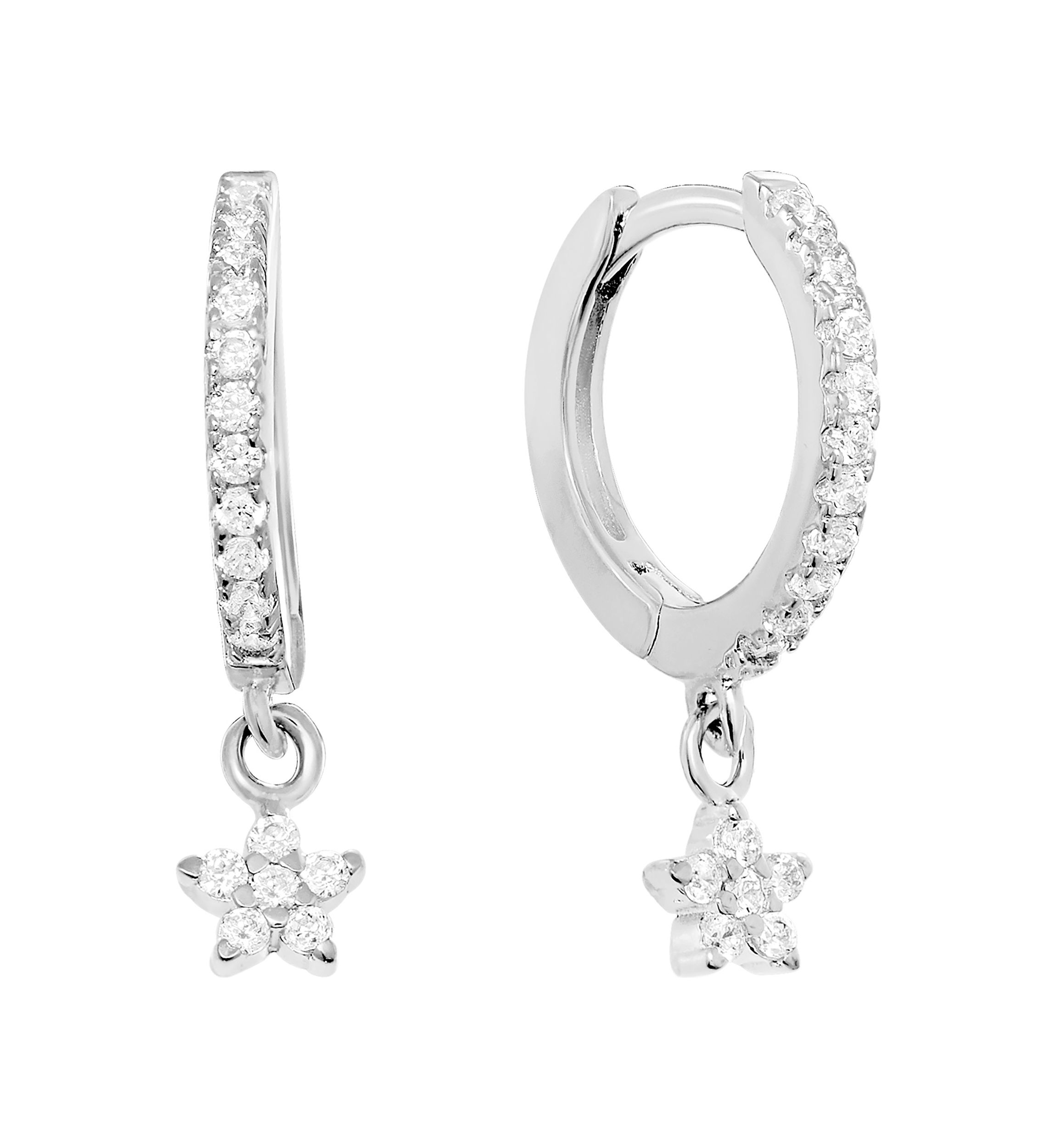 Sterling Silver Cubic Zirconia Star Dangle Huggie Earrings