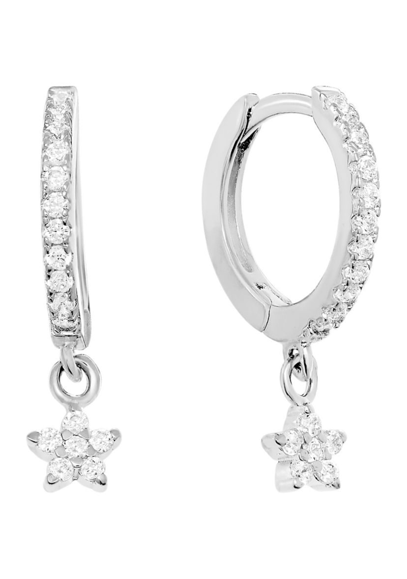 Sterling Silver Cubic Zirconia Star Dangle Huggie Earrings