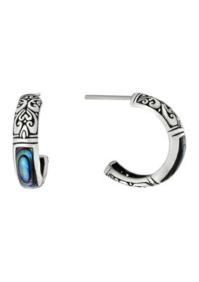 Athra NJ Sterling Silver Oxidized Abalone Filigree Post Hoop Earrings, Green