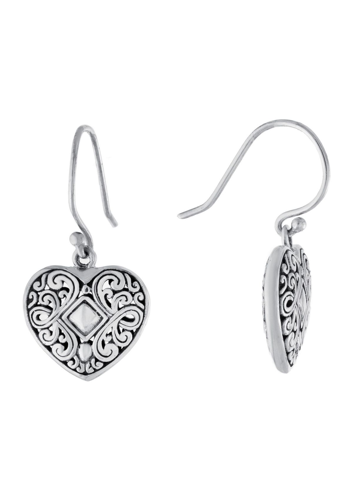 Sterling Silver Oxidized Filigree Heart Drop Earrings