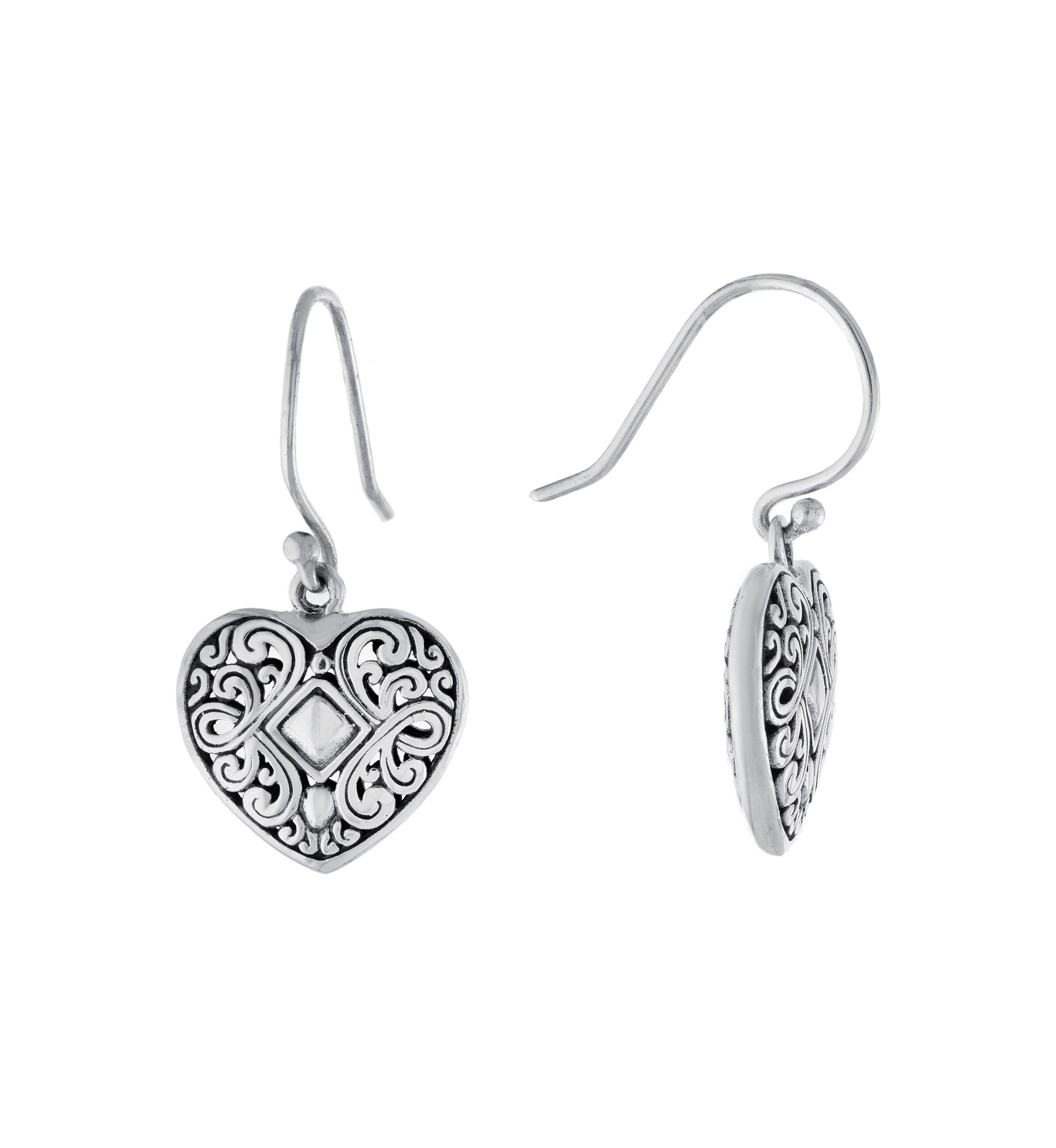 Sterling Silver Oxidized Filigree Heart Drop Earrings