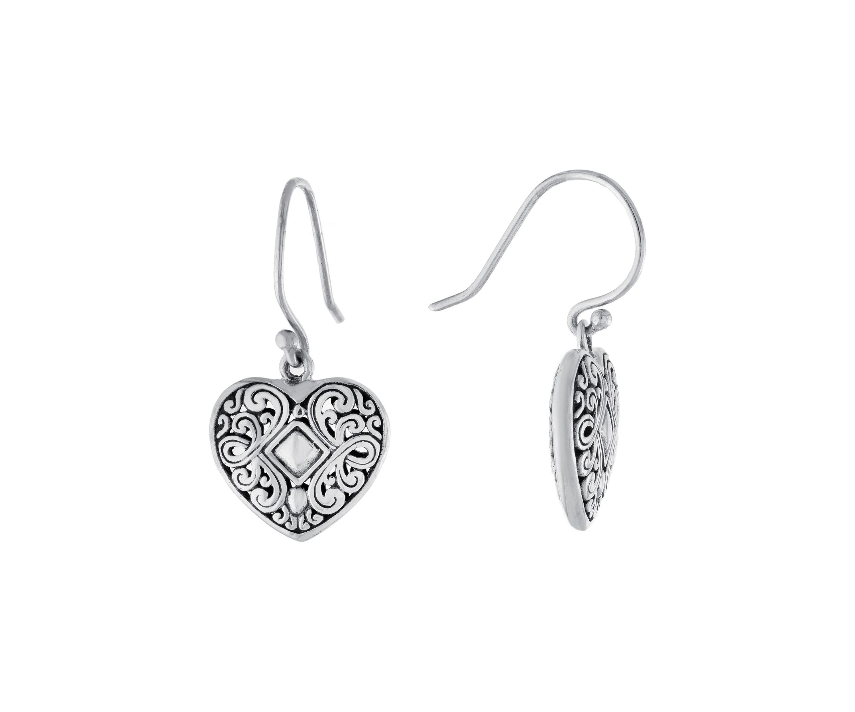 Sterling Silver Oxidized Filigree Heart Drop Earrings