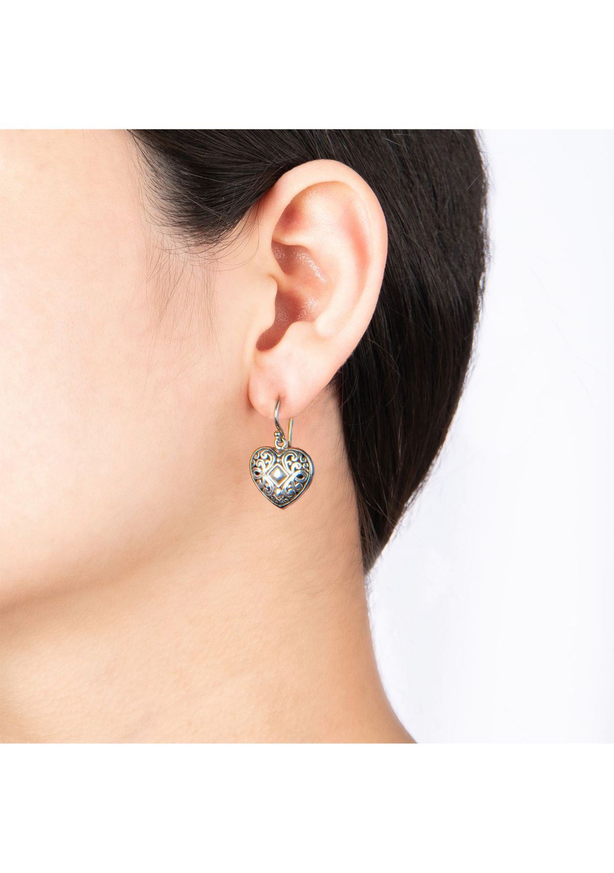 Sterling Silver Oxidized Filigree Heart Drop Earrings