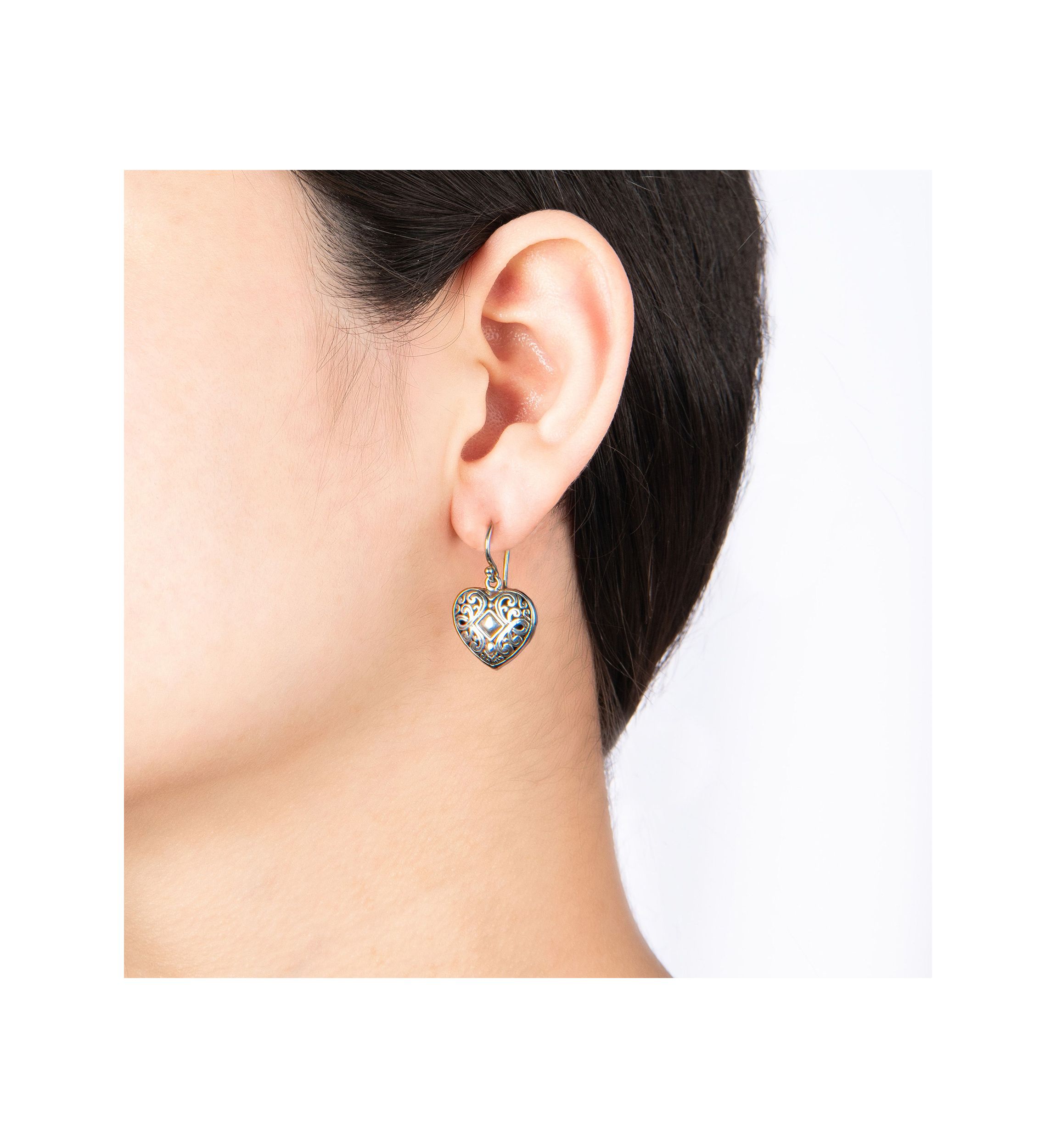 Sterling Silver Oxidized Filigree Heart Drop Earrings
