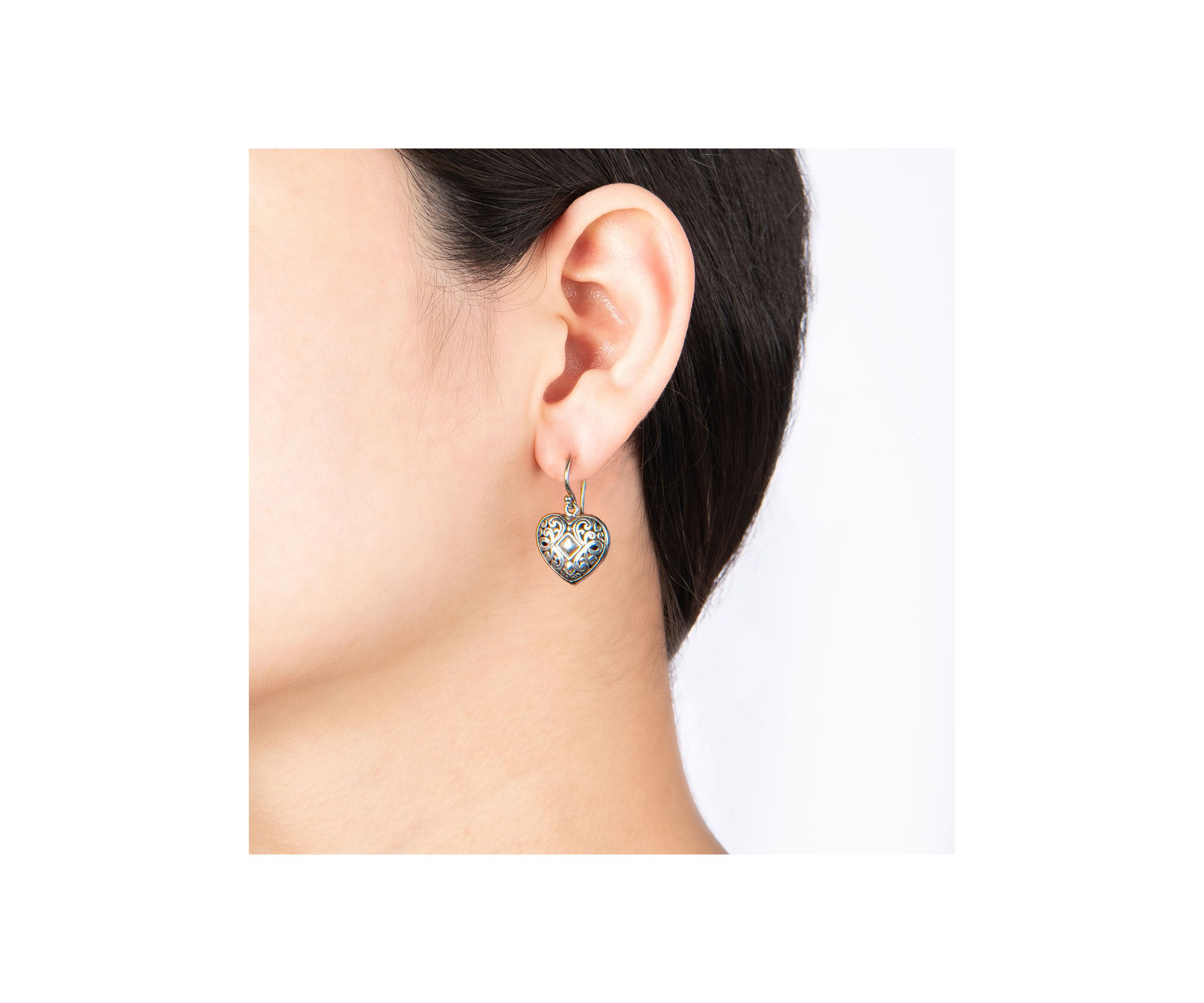 Sterling Silver Oxidized Filigree Heart Drop Earrings
