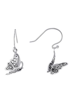 Sterling Silver Oxidized Filigree Butterfly Drop Earrings