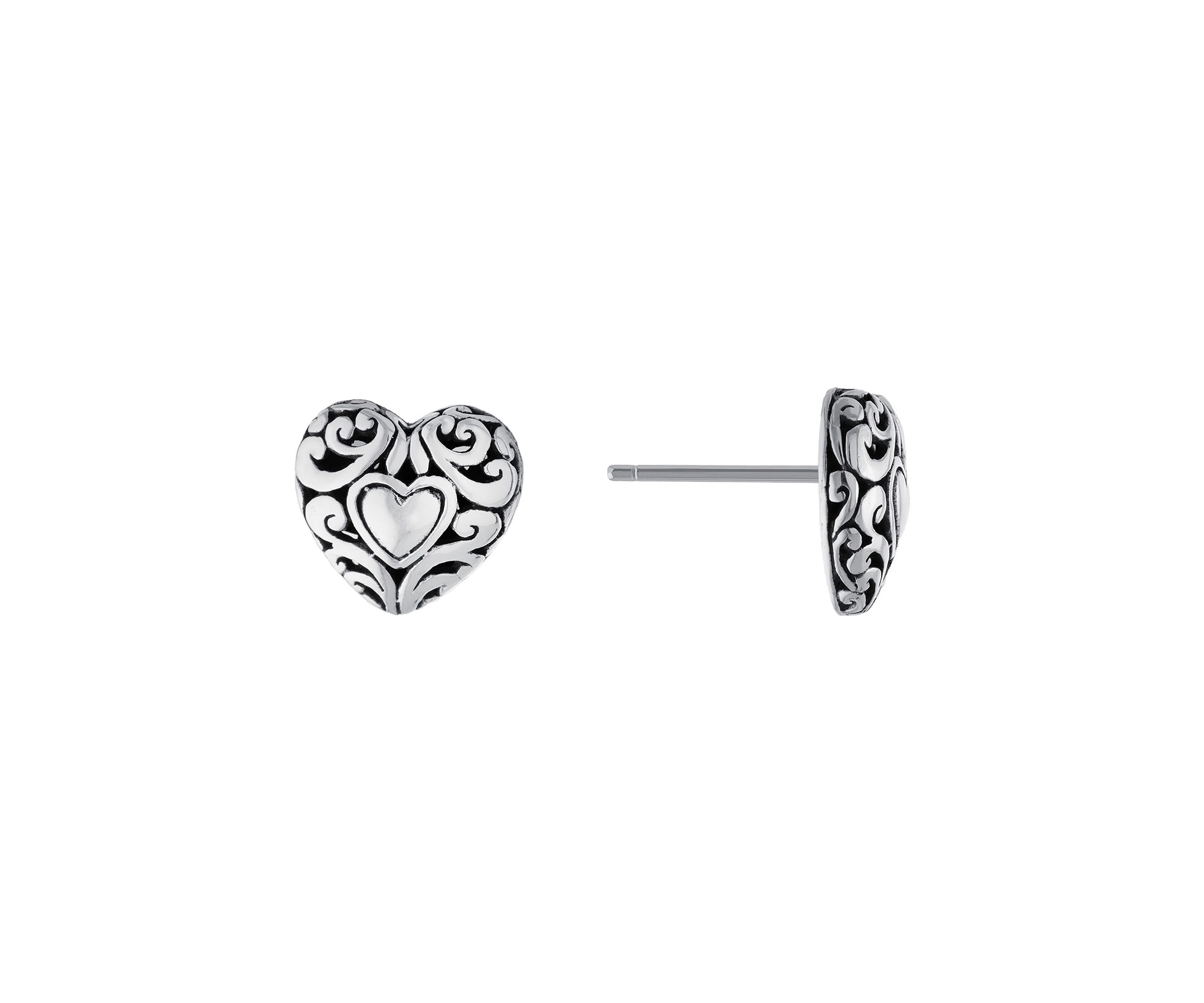 Sterling Silver Oxidized Filigree Heart Stud Earrings
