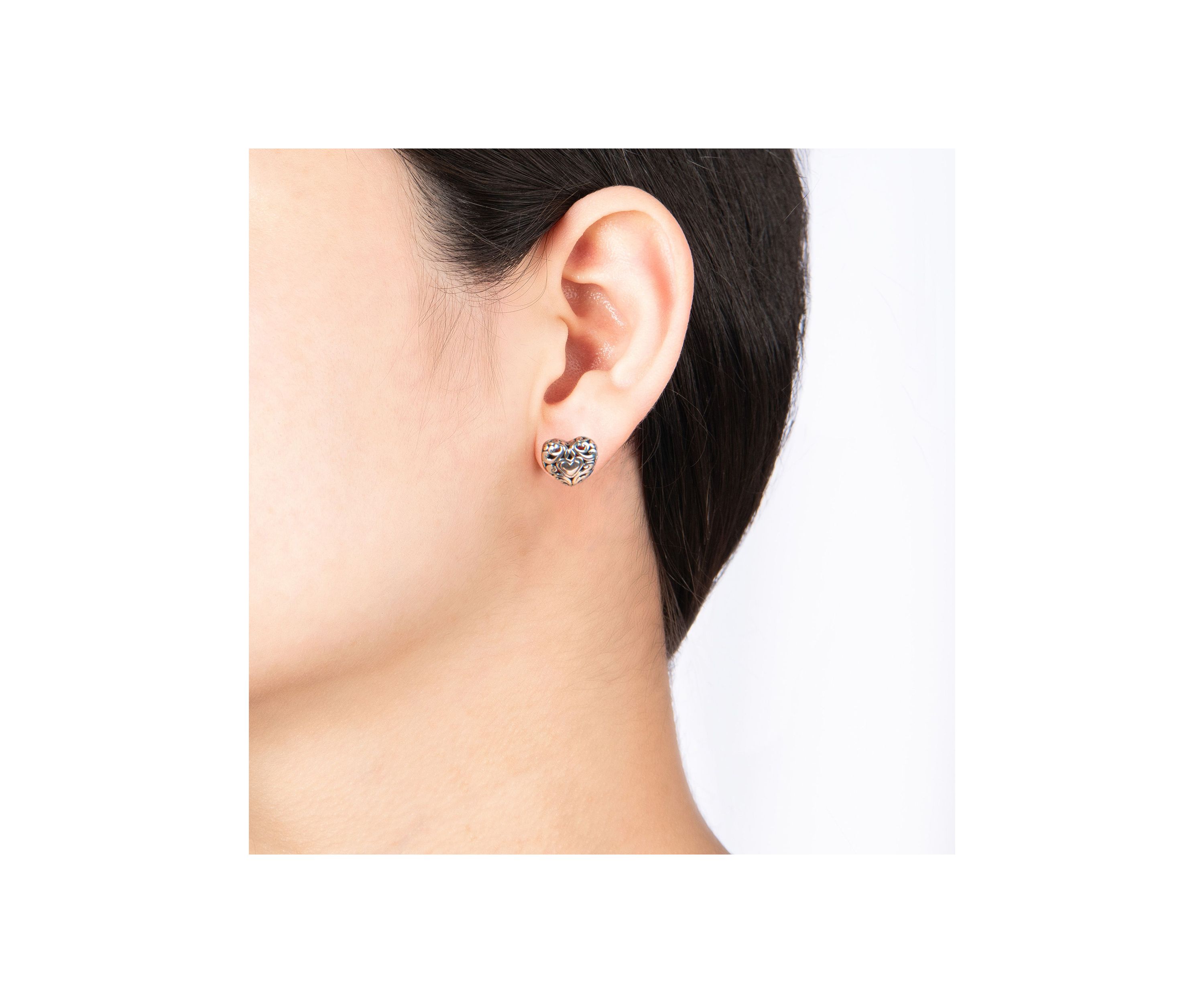 Sterling Silver Oxidized Filigree Heart Stud Earrings