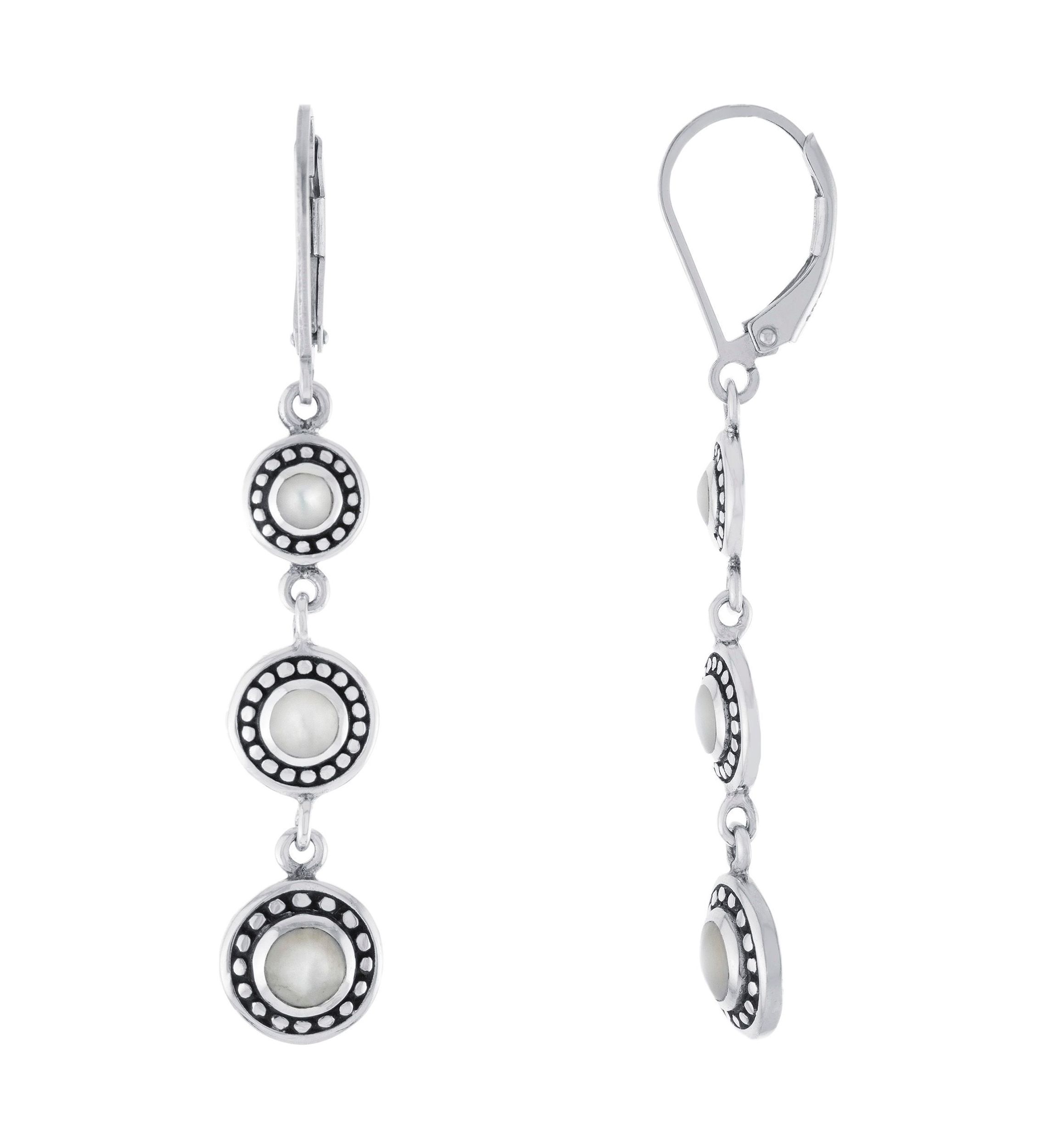 Sterling Silver Oxidized Mother of Pearl Triple Round Drop Earrings