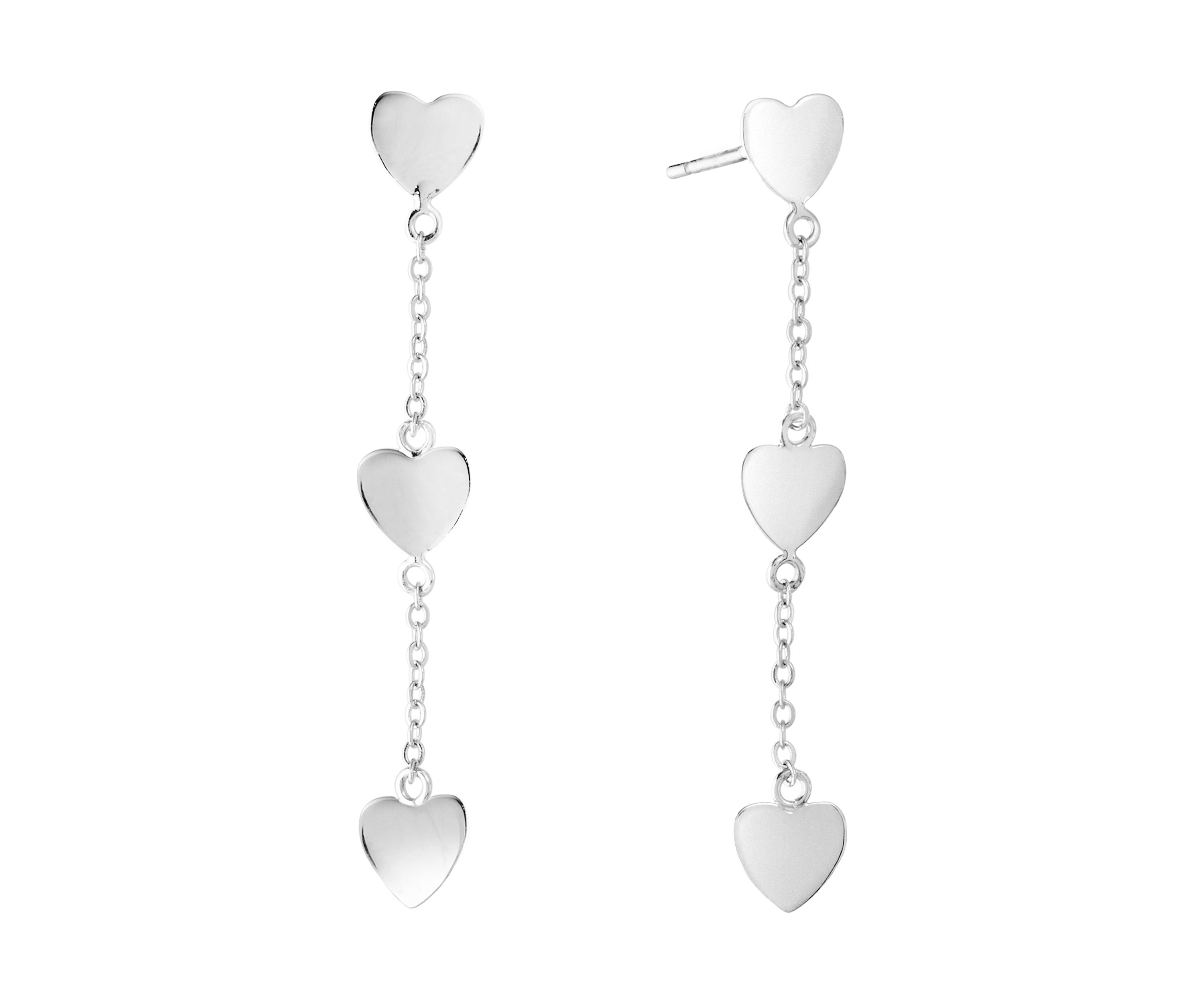 Sterling Silver 3 Heart Cable Chain Post Drop Earrings