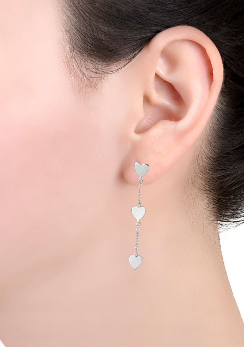 Sterling Silver 3 Heart Cable Chain Post Drop Earrings