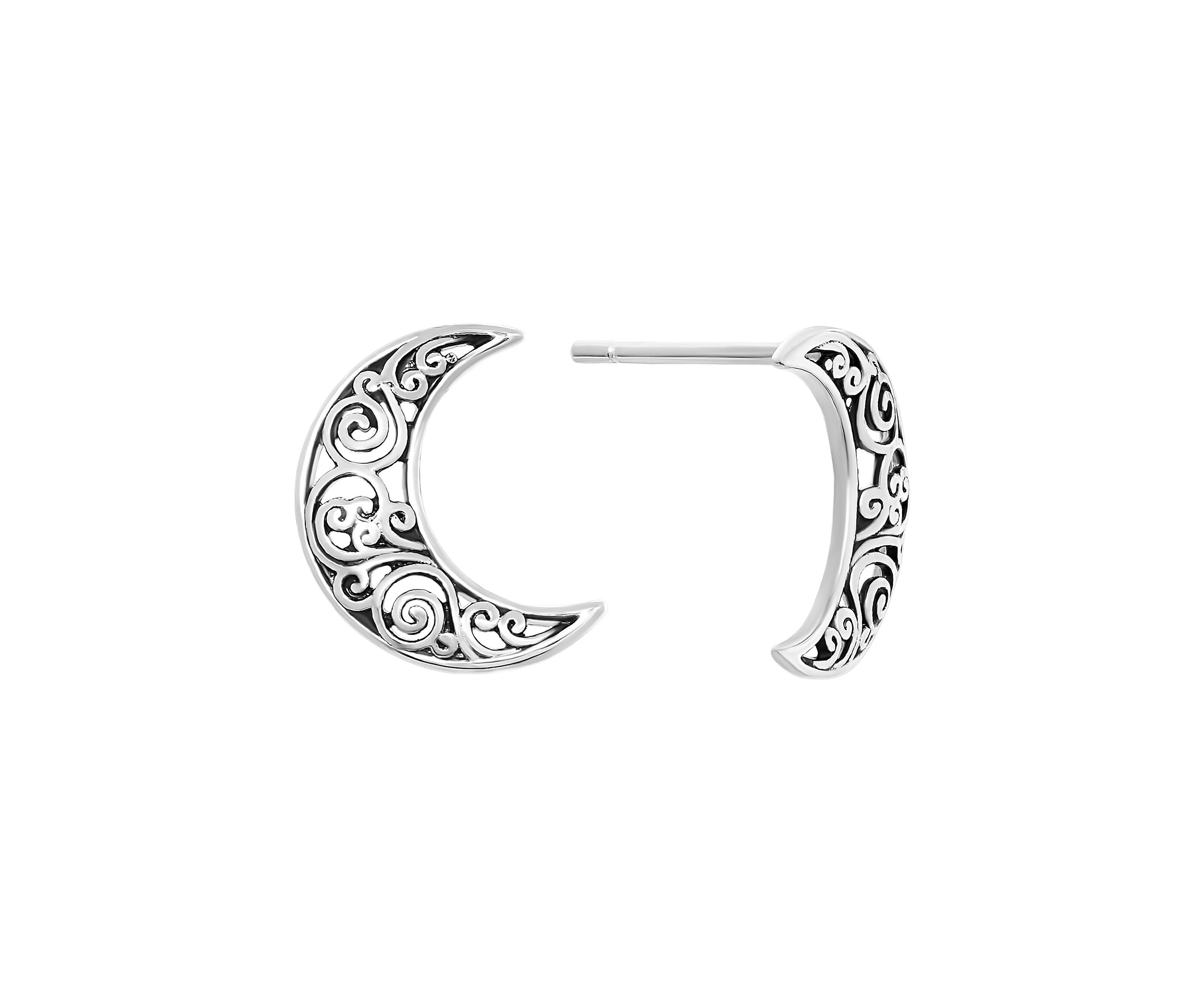 Sterling Silver Filigree Moon Stud Earrings