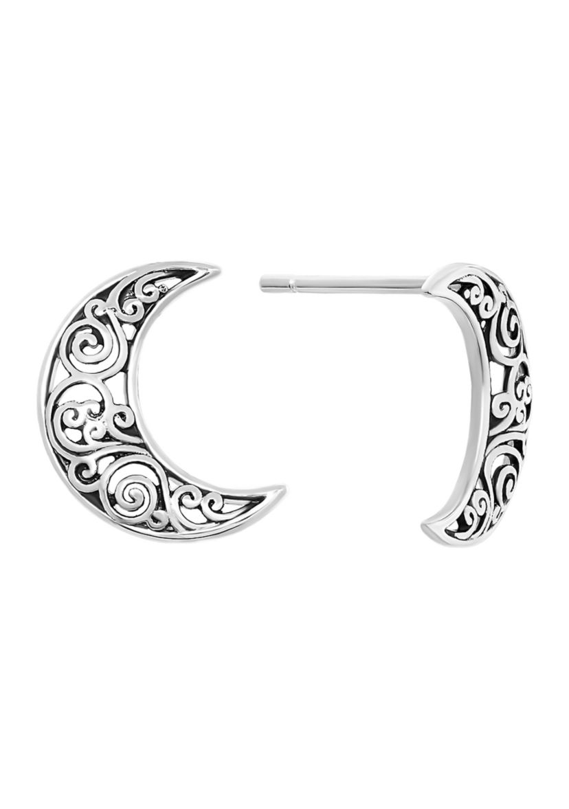 Sterling Silver Filigree Moon Stud Earrings