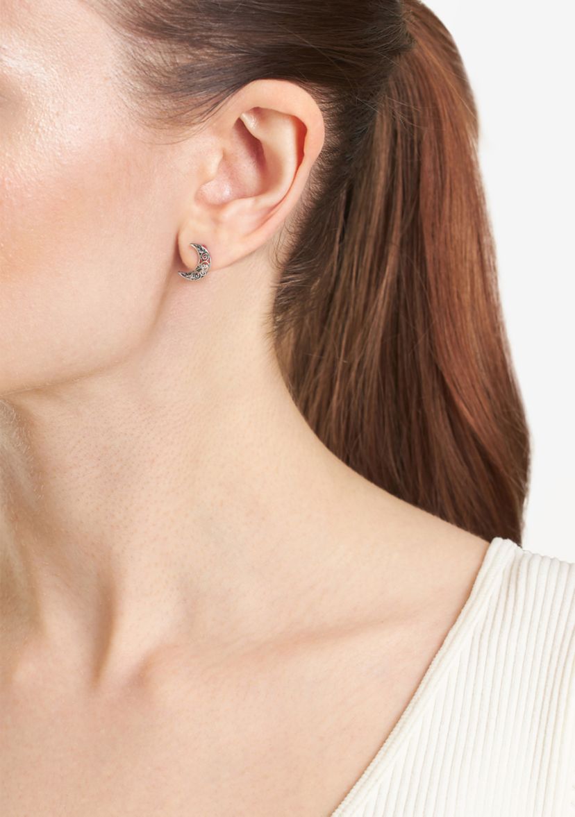 Sterling Silver Filigree Moon Stud Earrings