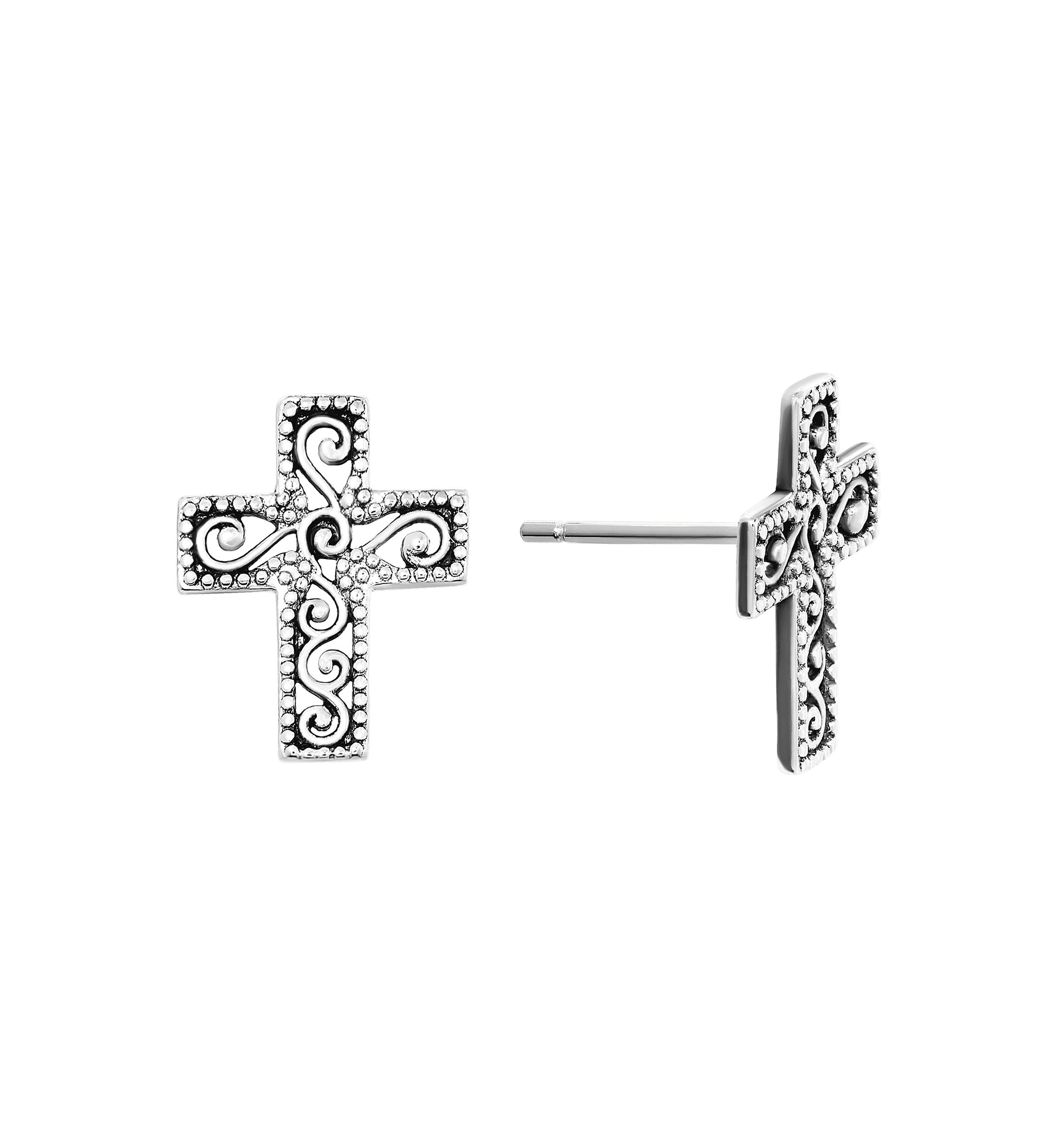Sterling Silver Filigree Cross Stud Earrings