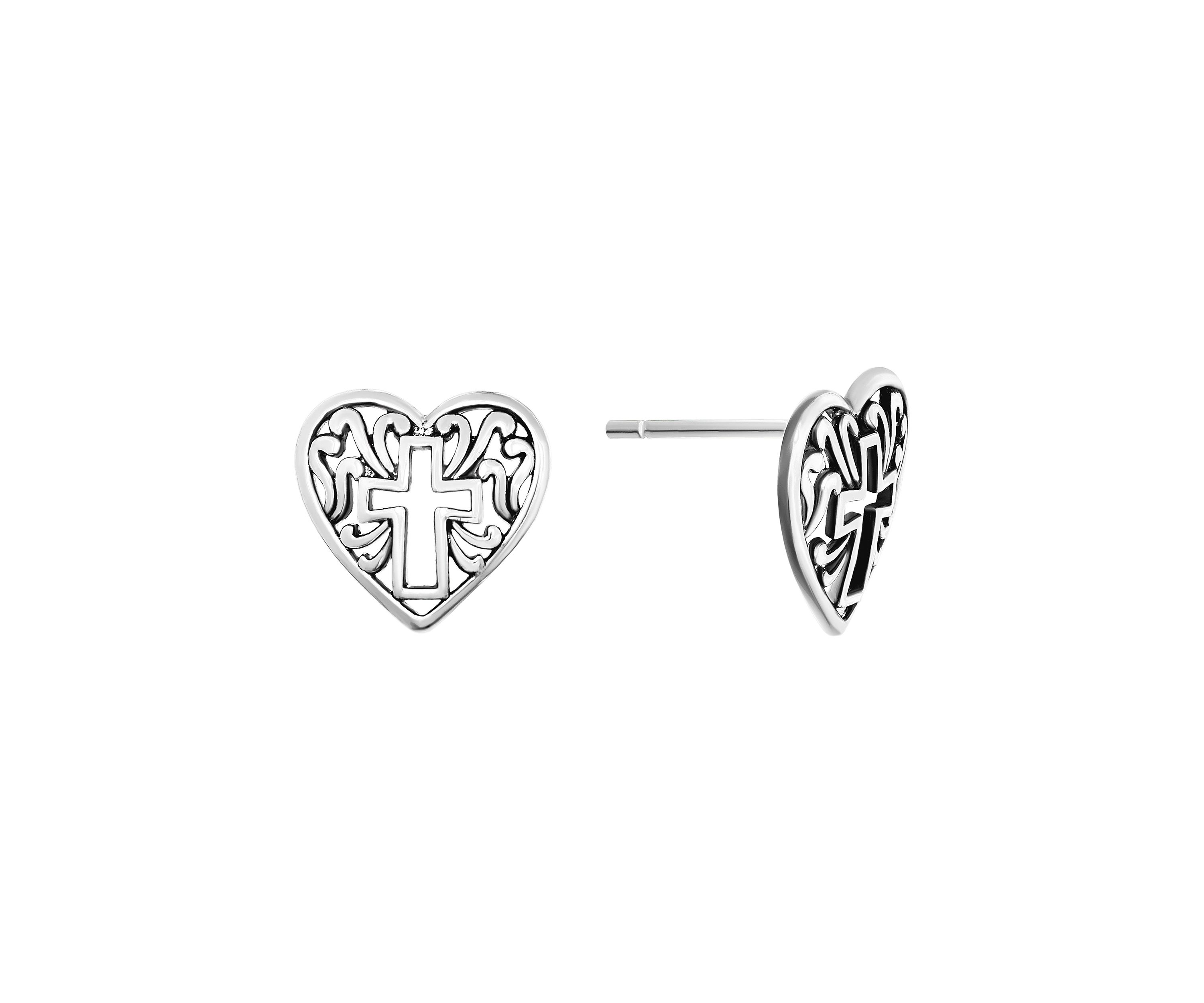 Sterling Silver Filigree Heart Cross Stud Earrings