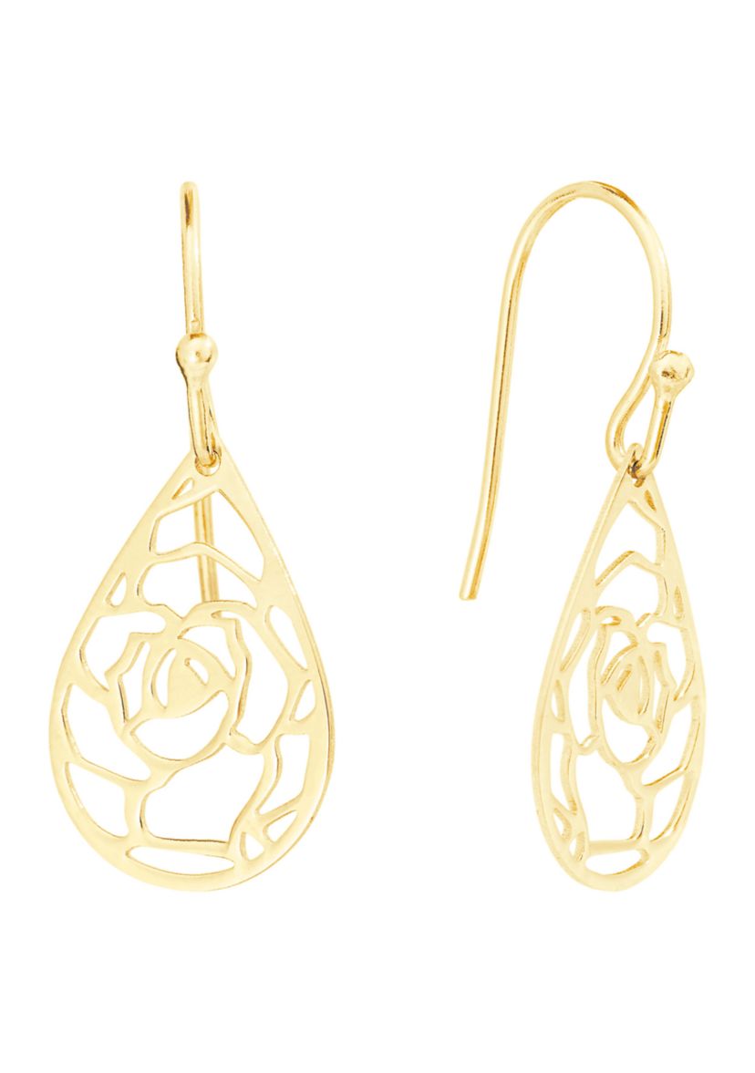 Gold Over Sterling Silver Laser Cut Rose Teardrop Earrings