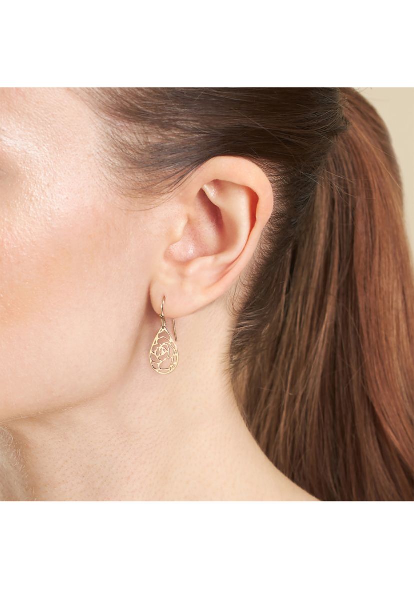 Gold Over Sterling Silver Laser Cut Rose Teardrop Earrings