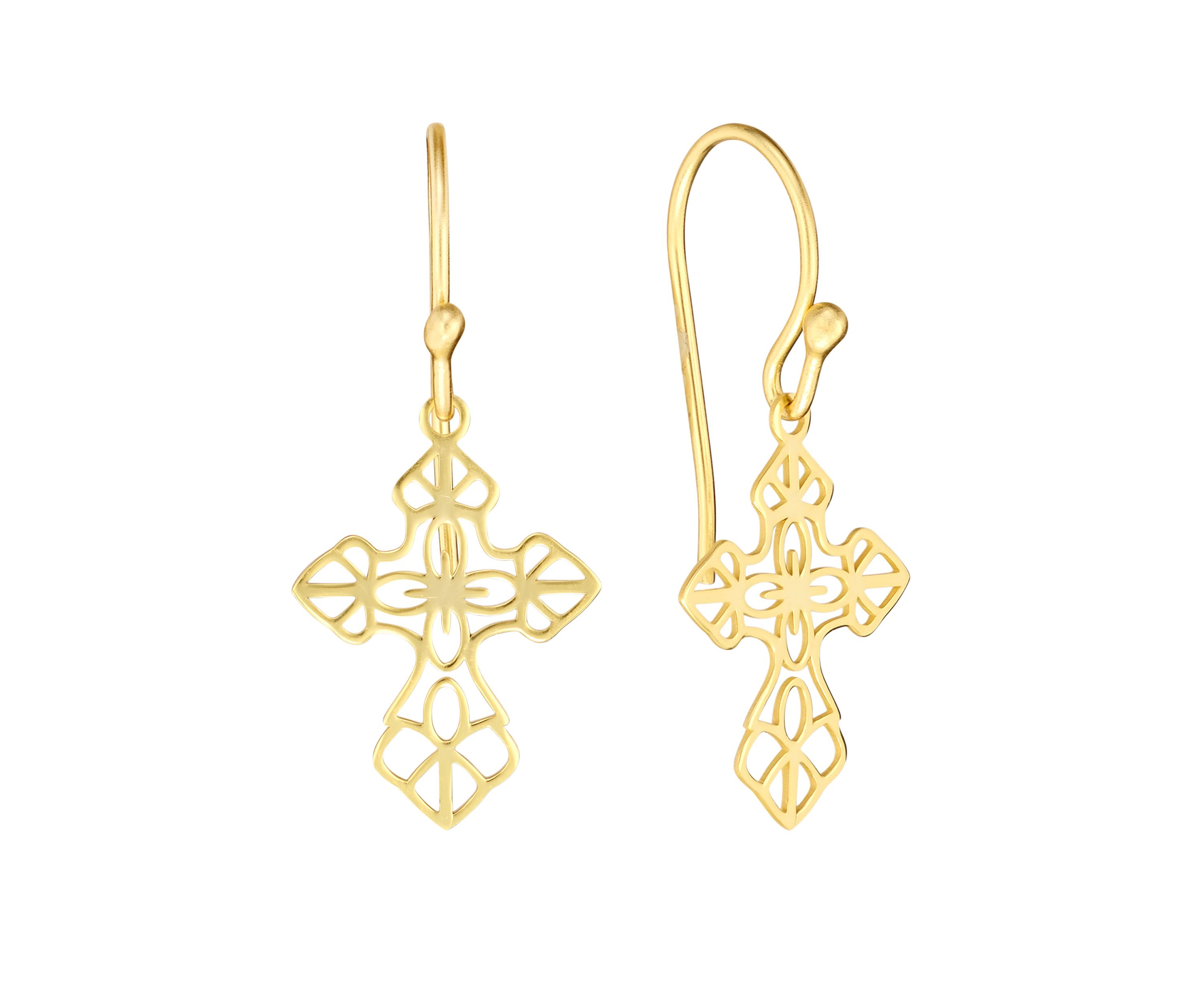 Gold Over Sterling Silver Lazer Cut Cross Drop Earrings