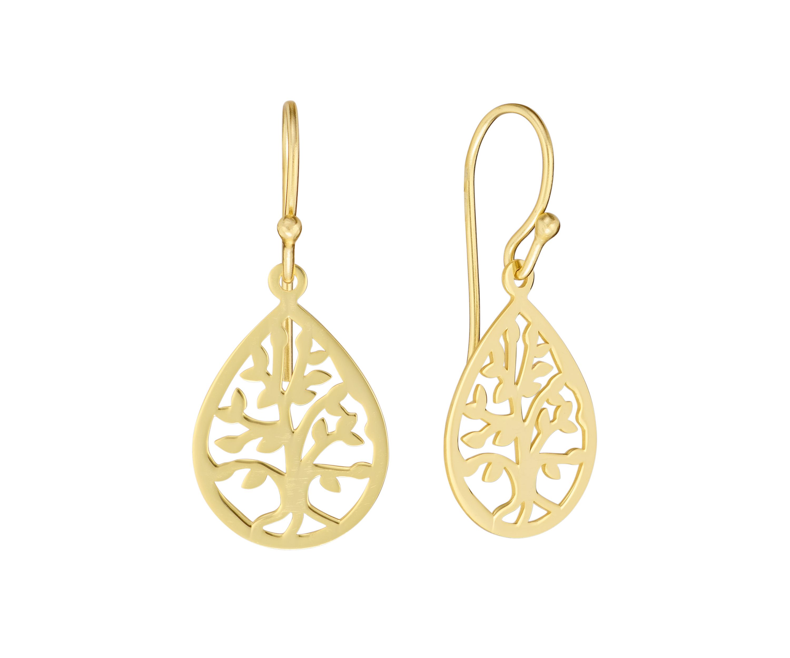 Gold Over Sterling Silver Lazer Cut Tree of Life Teardrop Earrings
