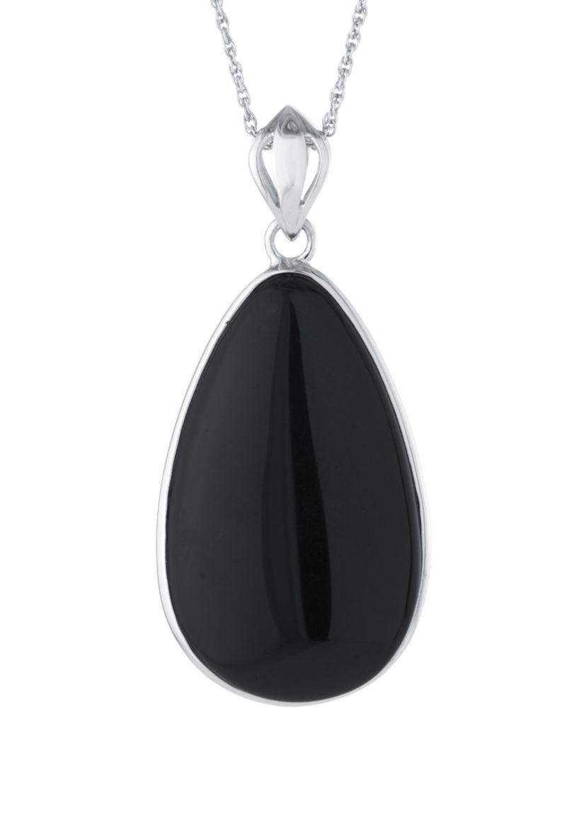  Sterling Silver Black Chalcedony Scroll Reversible Teardrop Pendant 18" Necklace 