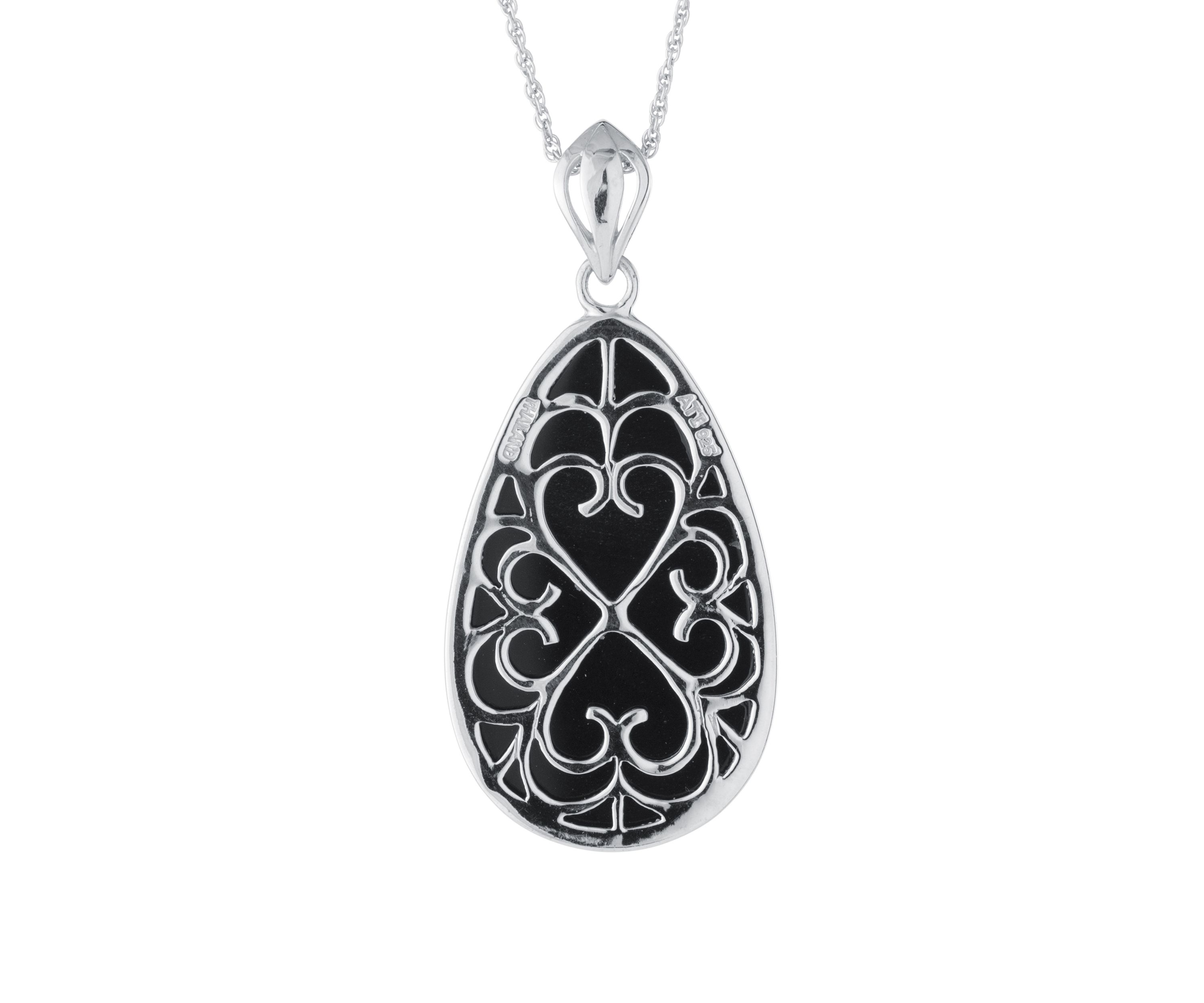  Sterling Silver Black Chalcedony Scroll Reversible Teardrop Pendant 18" Necklace 