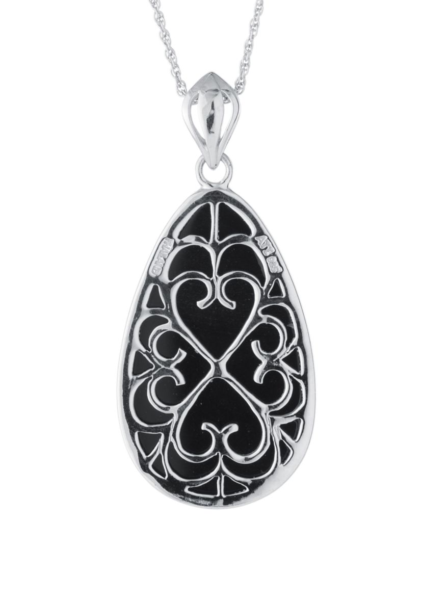  Sterling Silver Black Chalcedony Scroll Reversible Teardrop Pendant 18" Necklace 