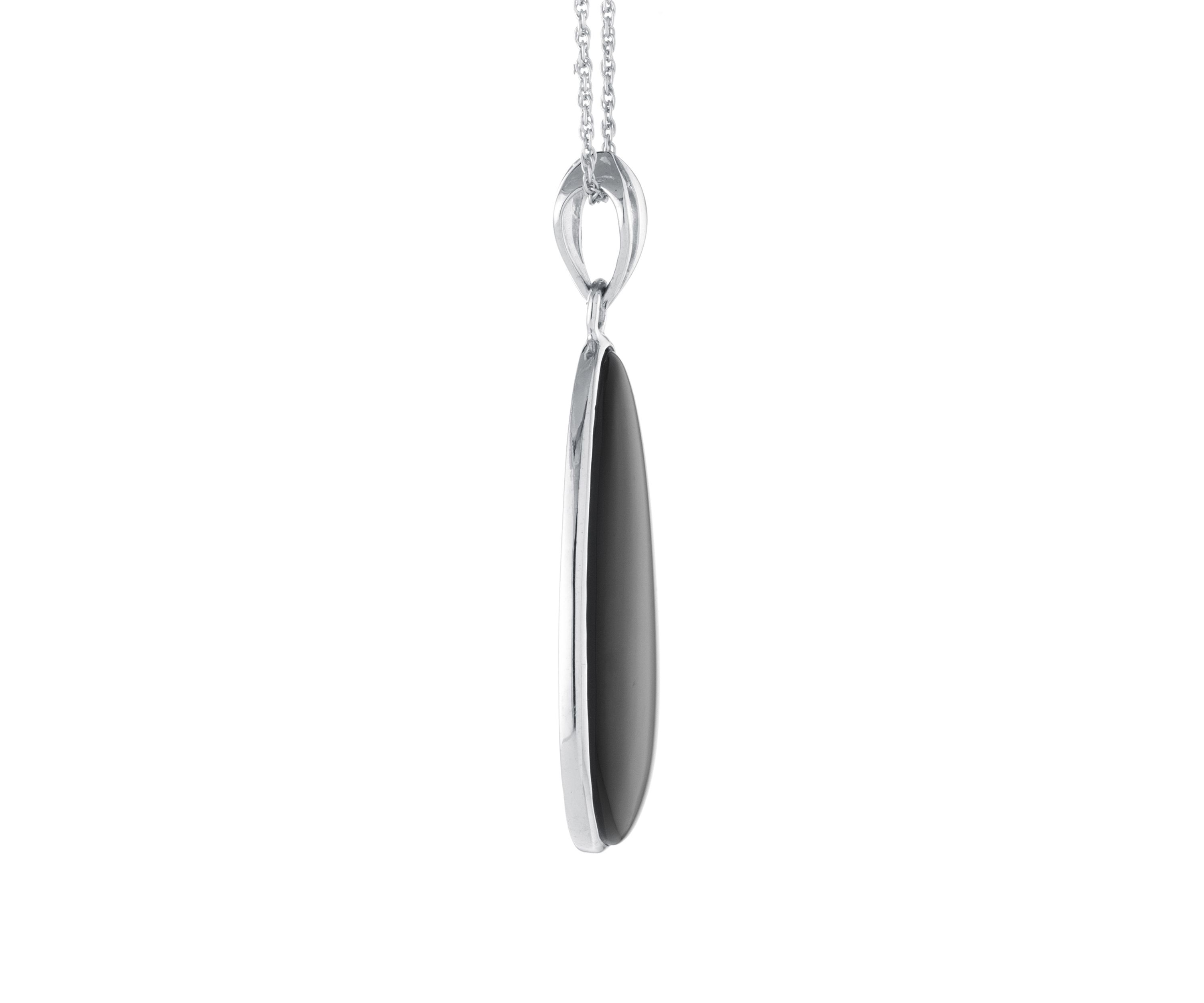  Sterling Silver Black Chalcedony Scroll Reversible Teardrop Pendant 18" Necklace 