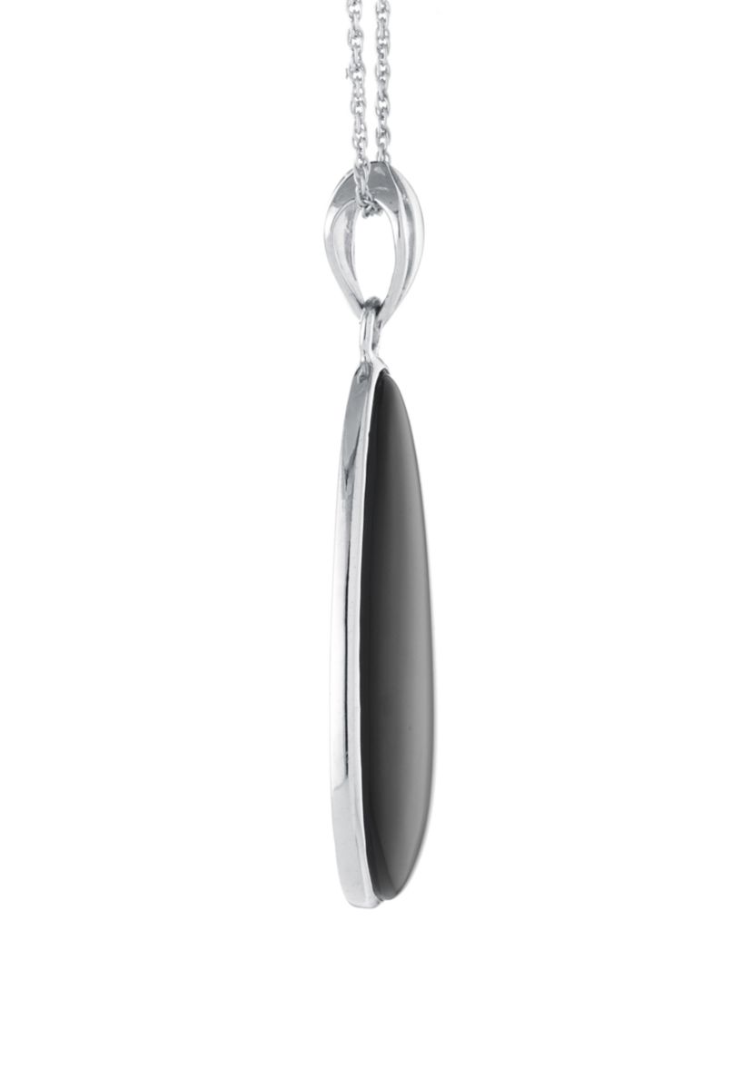  Sterling Silver Black Chalcedony Scroll Reversible Teardrop Pendant 18" Necklace 
