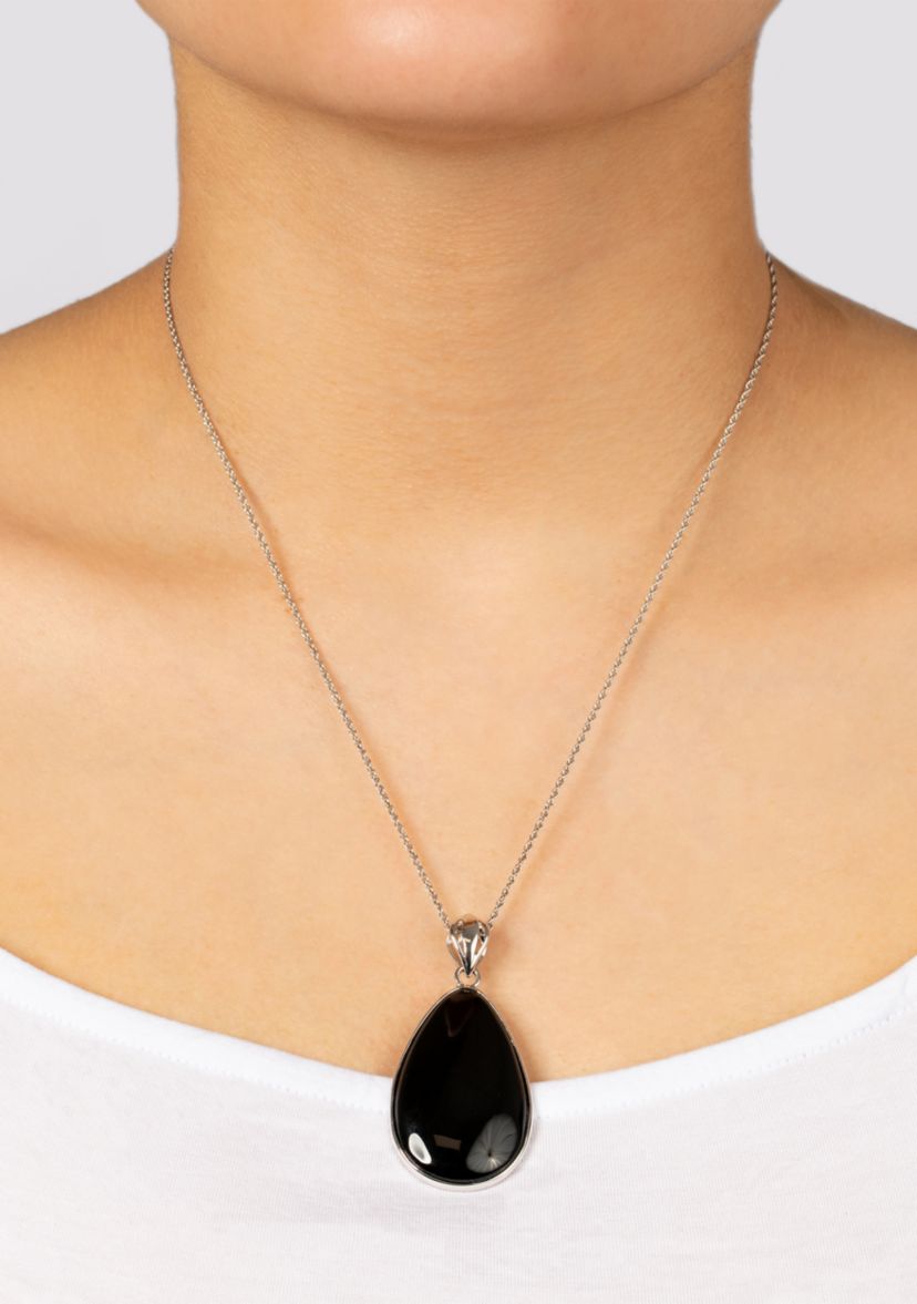  Sterling Silver Black Chalcedony Scroll Reversible Teardrop Pendant 18" Necklace 